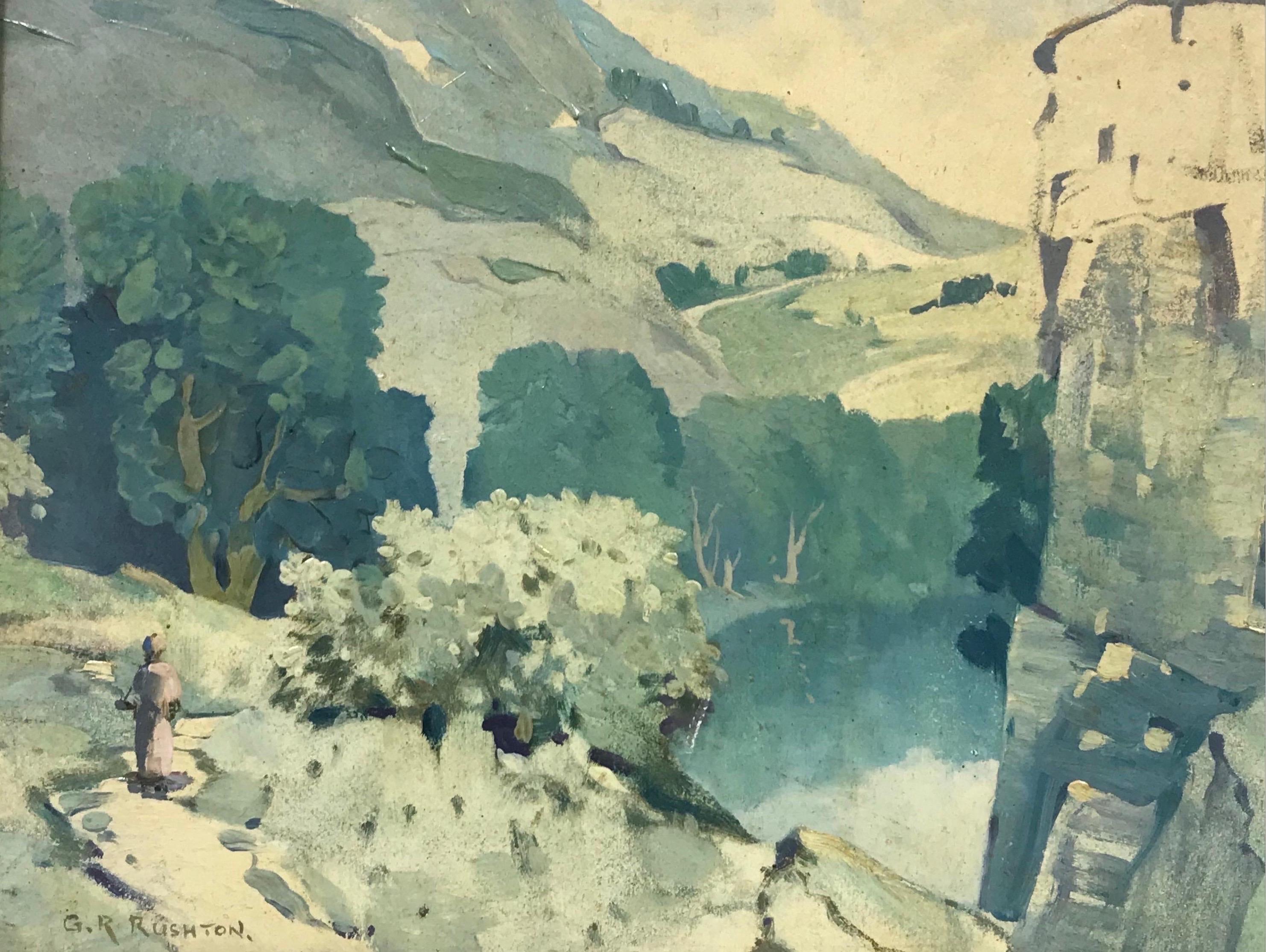 Artista/Escuela: George Robert Rushton (británico 1869-1948), firmado abajo a la izquierda

Título: La figura que camina en el paisaje continental

Técnica: Óleo sobre tabla, enmarcado

Enmarcado: 14 x 18 pulgadas
Tablero: 11 x 15