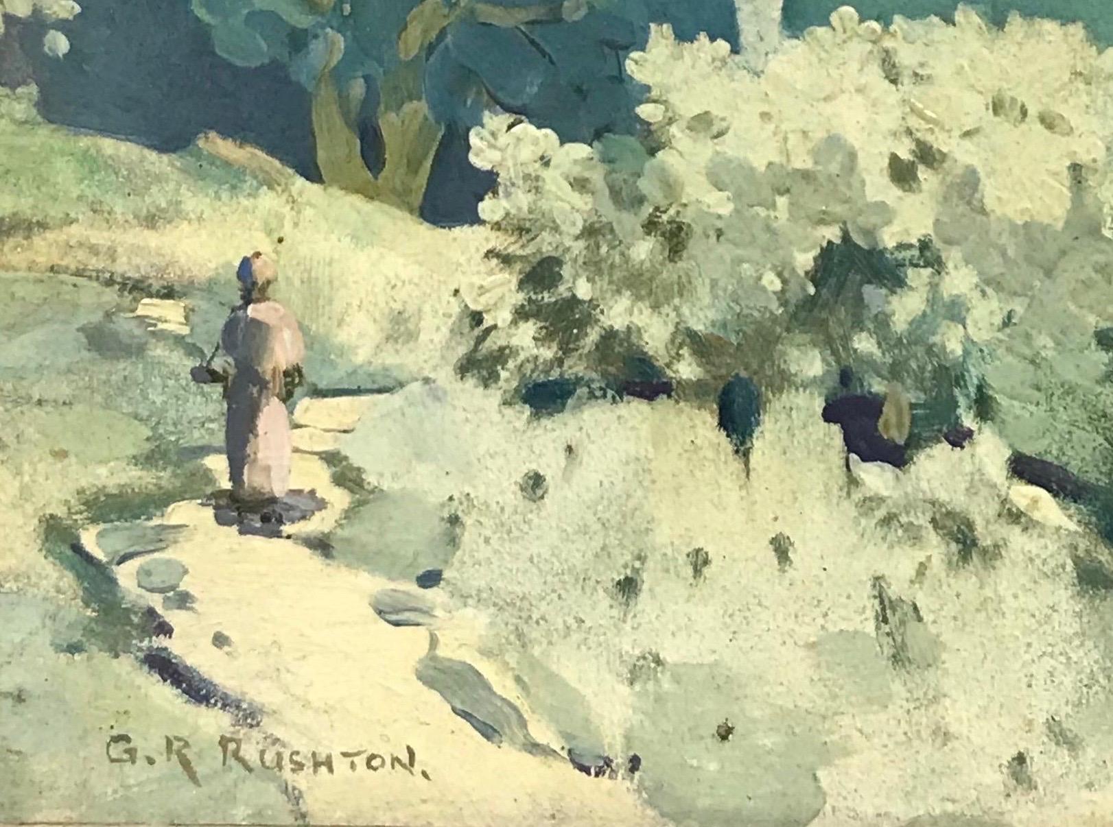 Artist/ School: George Robert Rushton (British 1869-1948), signed lower left

Title: Figure Walking in Continental Landscape

Medium: oil on board, framed

Framed: 14 x 18 inches
Board: 11 x 15 inches

Provenance: private collection,