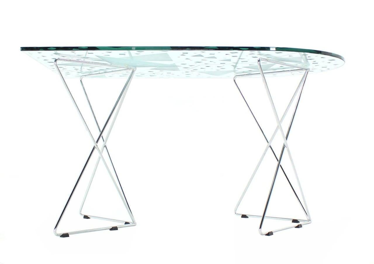 Etched George Rodrigue Art Glass Top  Dining Table with Chrome Wire Base Artist Signed  For Sale