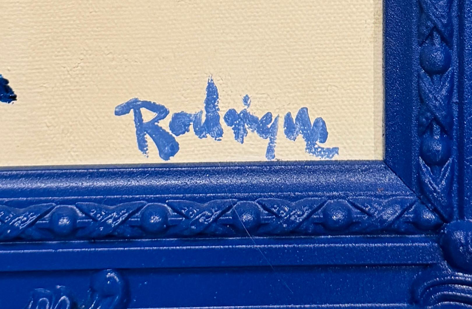 Blue Dog par George Rodrigues, 1995, huile ou acrylique sur toile, 14x11 non encadré, offert encadré. (#95101)

Un superbe chien bleu original dans un cadre en bois et gesso peint en bleu brillant et sculpté à la main par l'encadreur personnel de