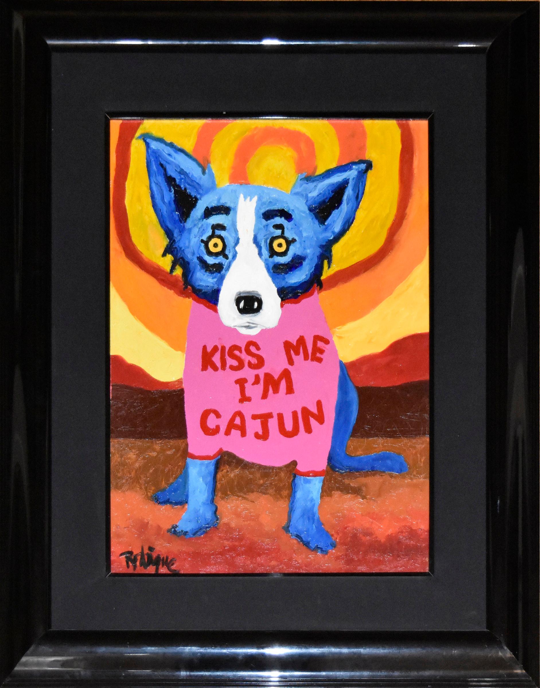 George Rodrigue Animal Painting - Blue Dog "Kiss Me I'm Cajun" Original Oil on Canvas