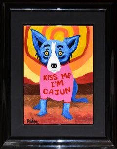 Vintage Blue Dog "Kiss Me I'm Cajun" Original Oil on Canvas