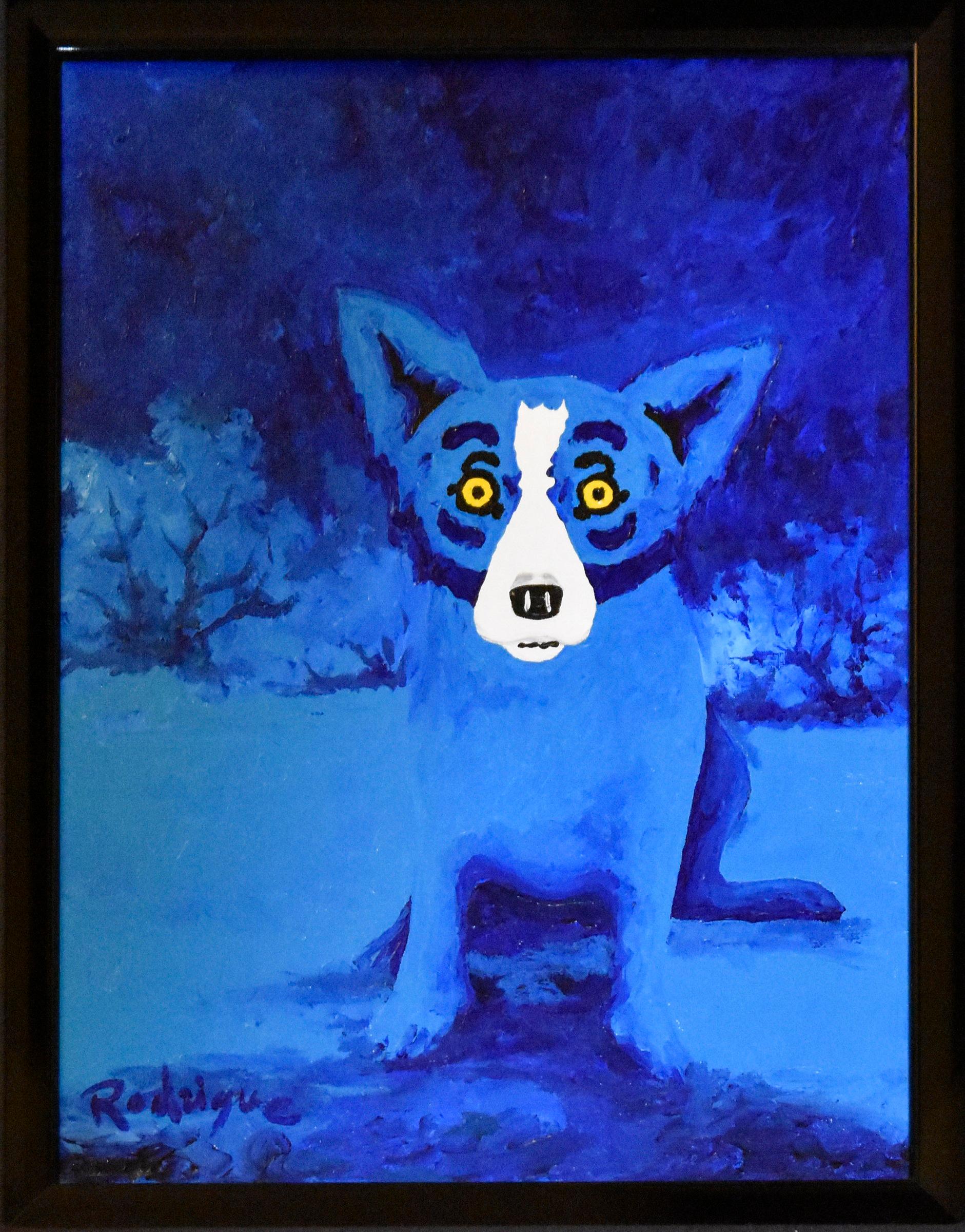 George Rodrigue Animal Print - Blue Dog "Original - Blue Mood - Oil on Canvas"