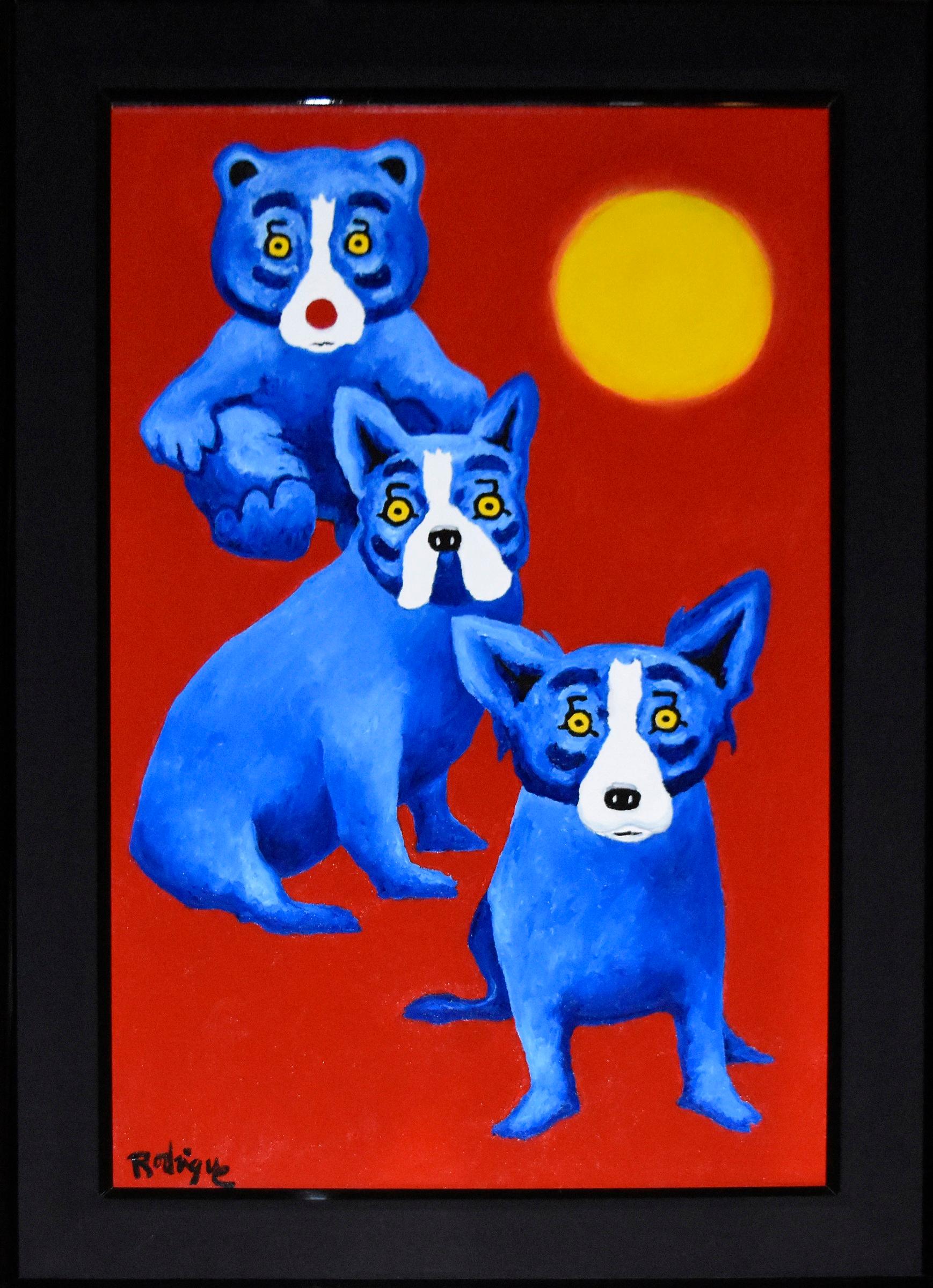 This Blue Dog work consists of a red background with 3 animals, 1 each Boogie Bear, Dudley the dog and Blue Dog.  All the animals have soulful yellow eyes and there is a bright yellow sun in the right corner.  This pop art animal original acrylic on