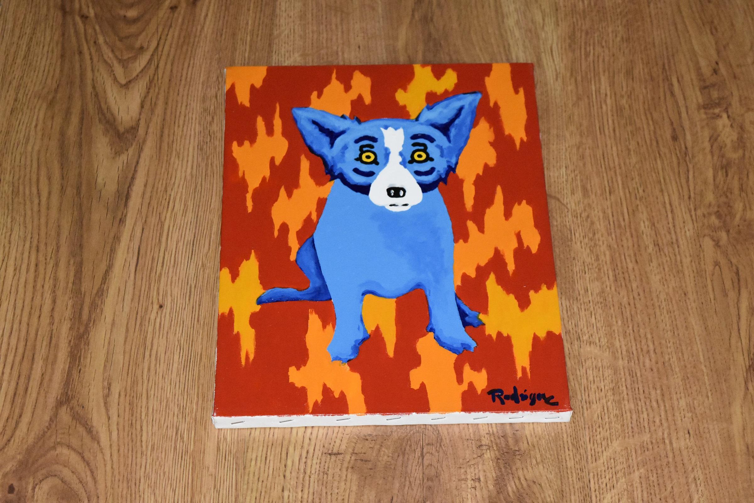 Original - Fire Wall - Signed Acrylic on Canvas - Blue Dog - Painting by George Rodrigue