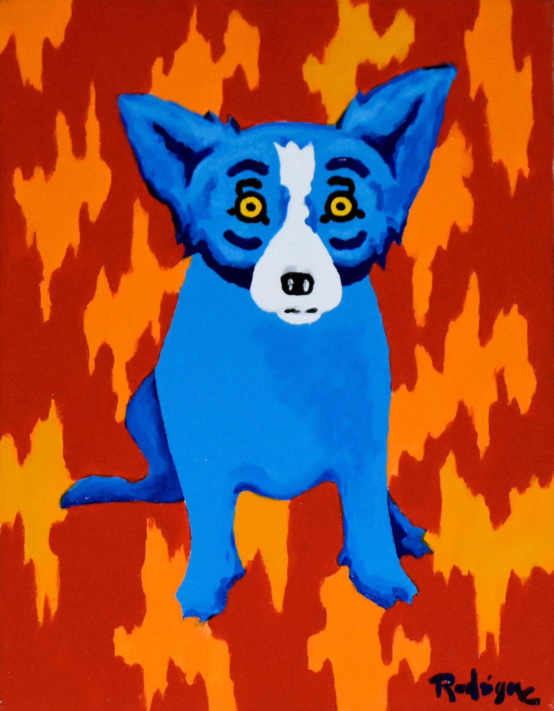 George Rodrigue Animal Painting - Original - Fire Wall - Signed Acrylic on Canvas - Blue Dog