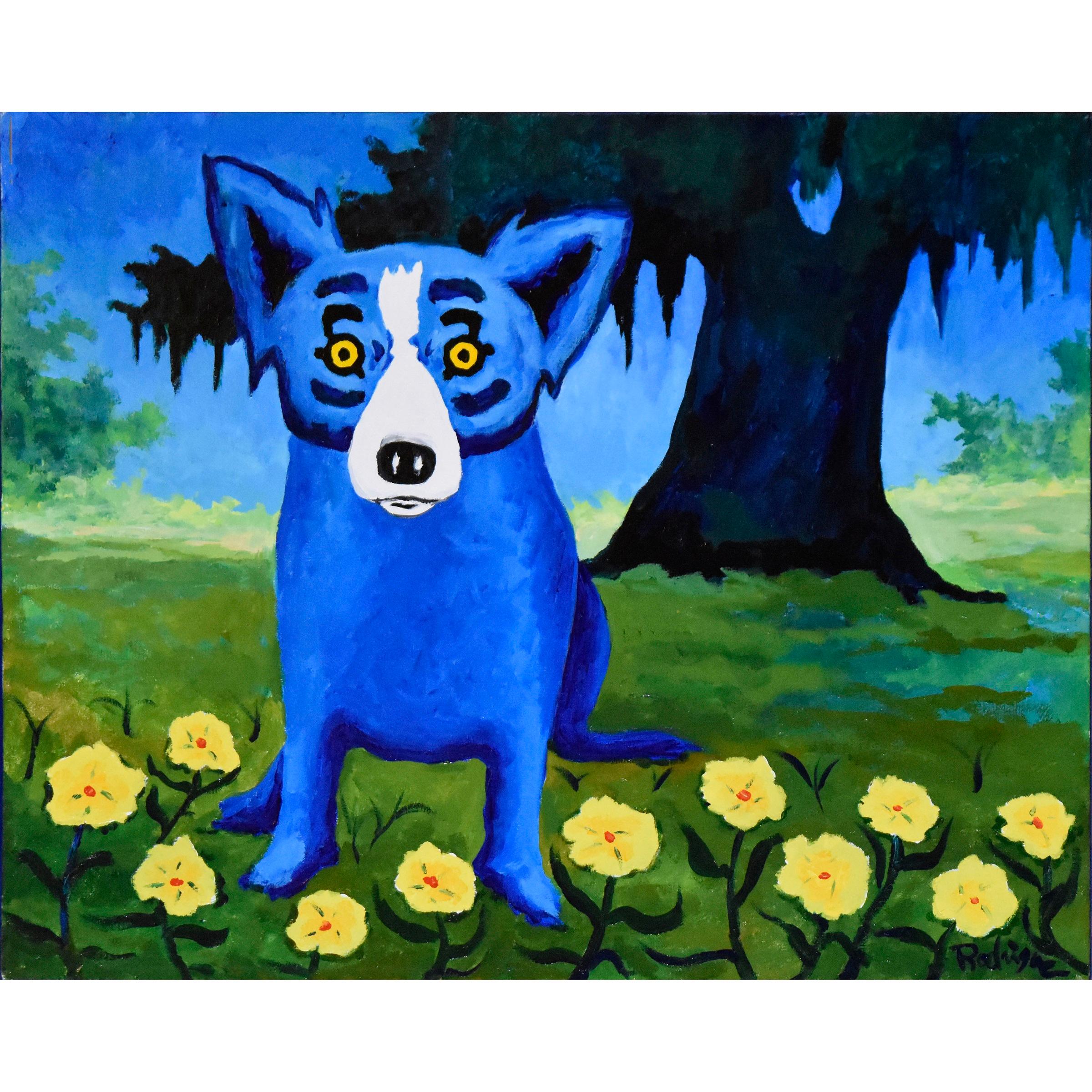 George Rodrigue Animal Painting - Original - Happy Flowers for Good Luck - Oil on Canvas