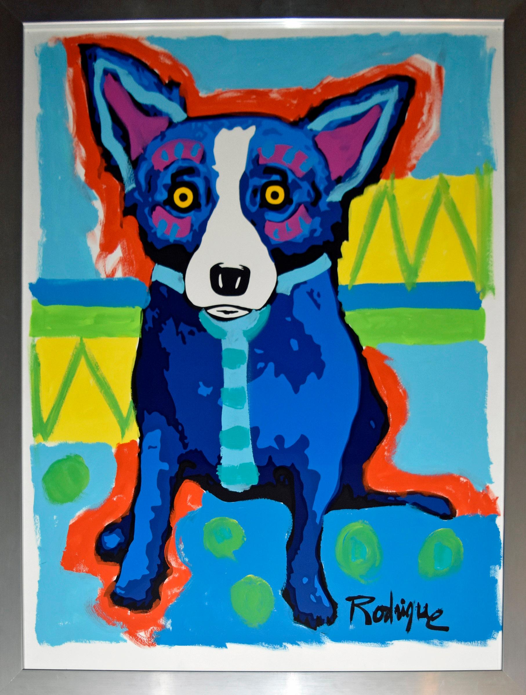 George Rodrigue Animal Painting - Original MM A4-10 - Signed Silkscreen & Acrylic Paint on Paper Blue Dog Painting