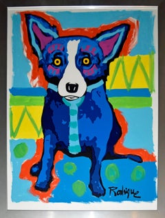 Original MM A4-10 – signiertes blaues Hundegemälde aus Seide und Acrylfarbe auf Papier:: Original