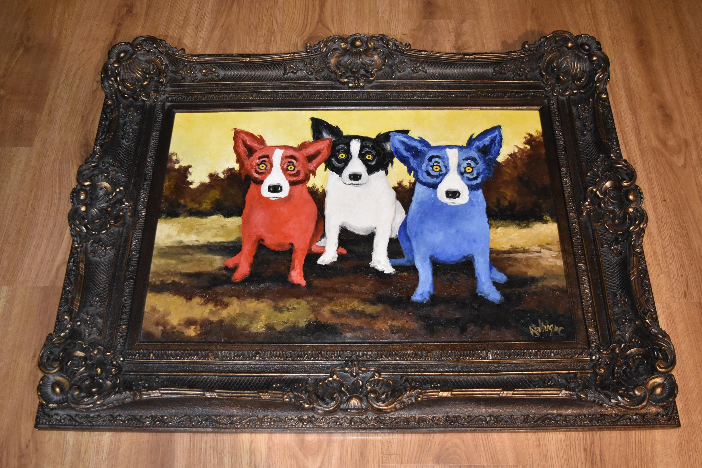 Original - Split Personality - Signed Oil on Canvas Blue Dog - Painting by George Rodrigue