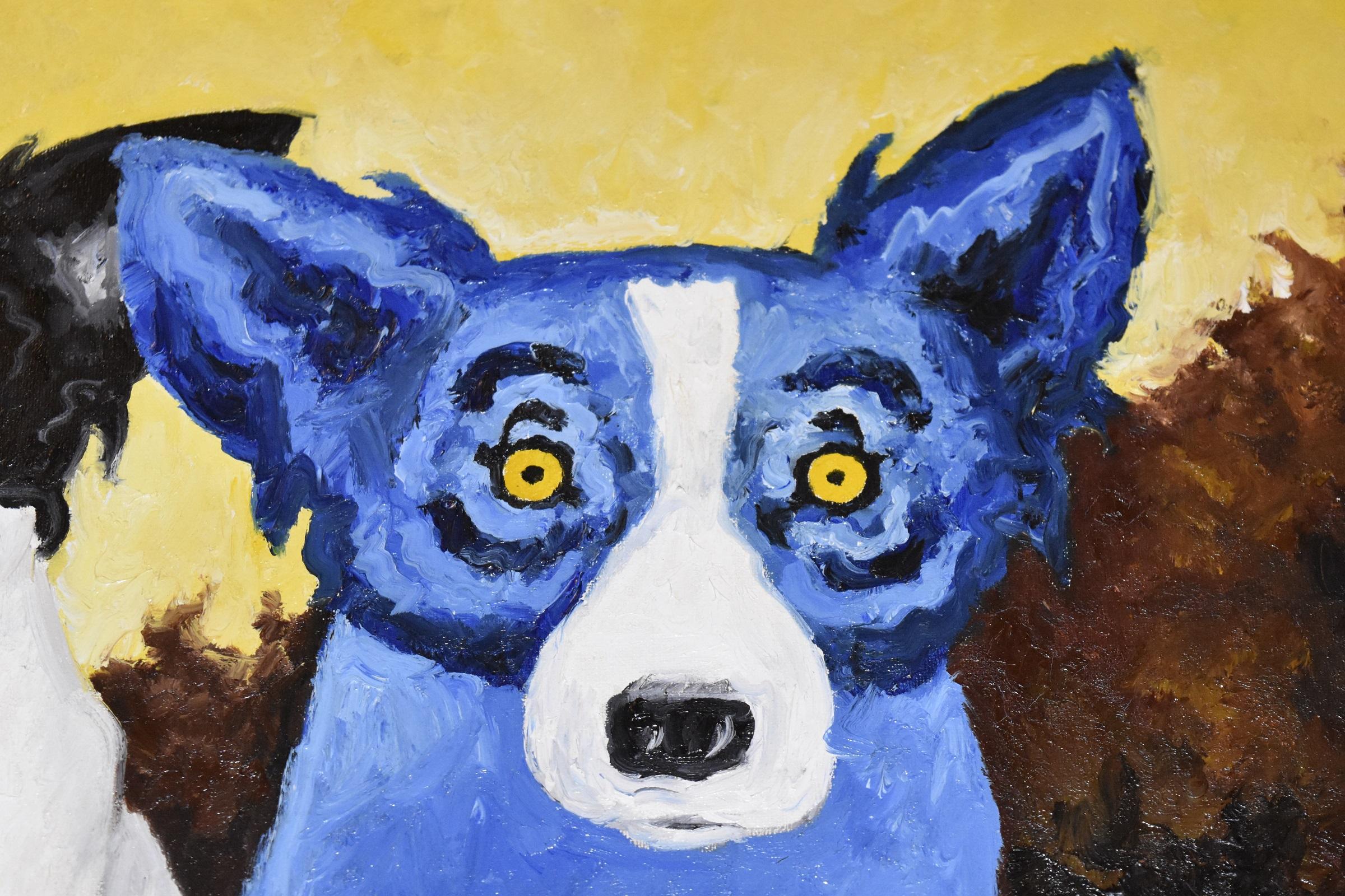 Original - Split Personality - Signiertes Ölgemälde auf Leinwand Blauer Hund im Angebot 1