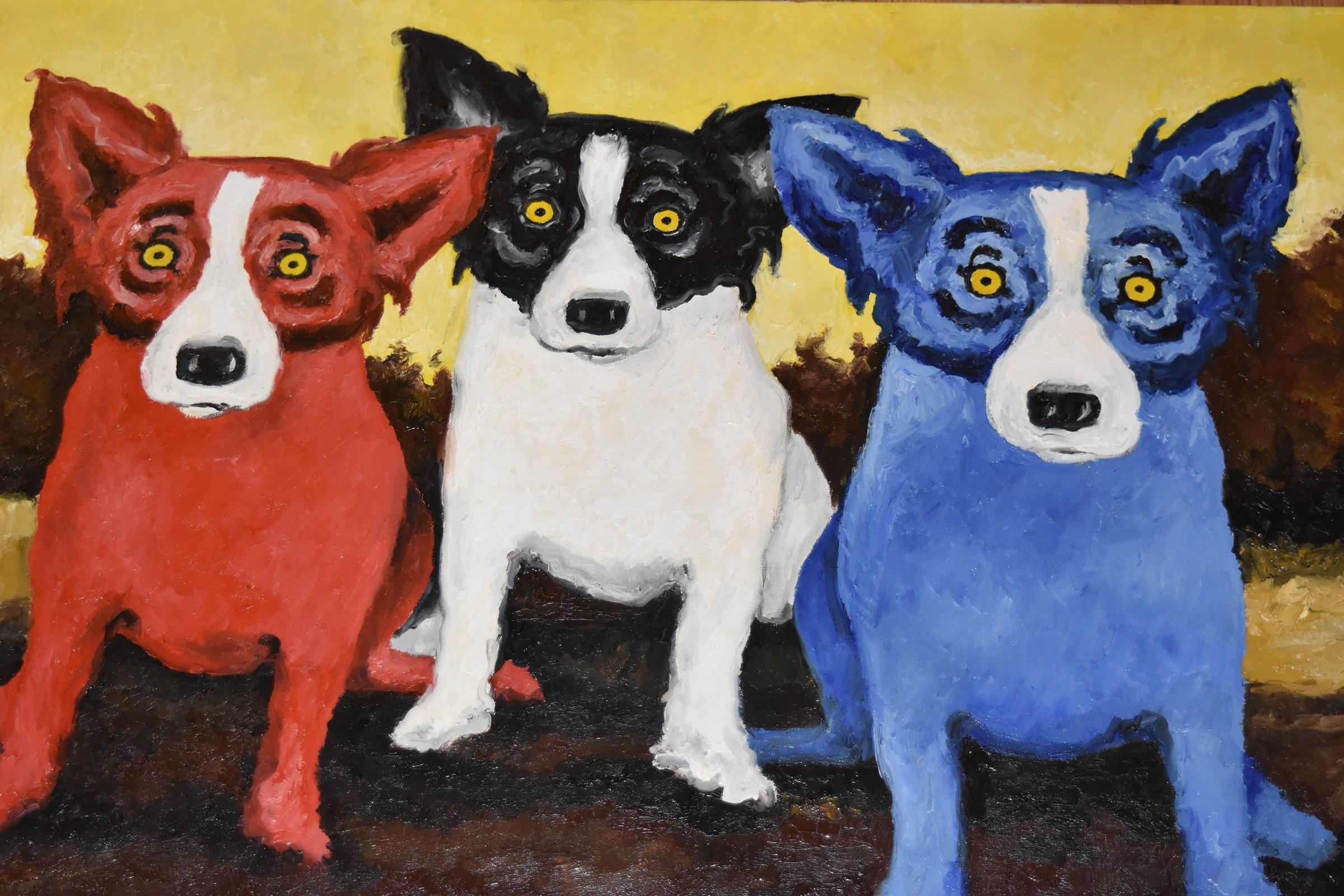 Original - Split Personality - Signed Oil on Canvas Blue Dog - Pop Art Painting by George Rodrigue