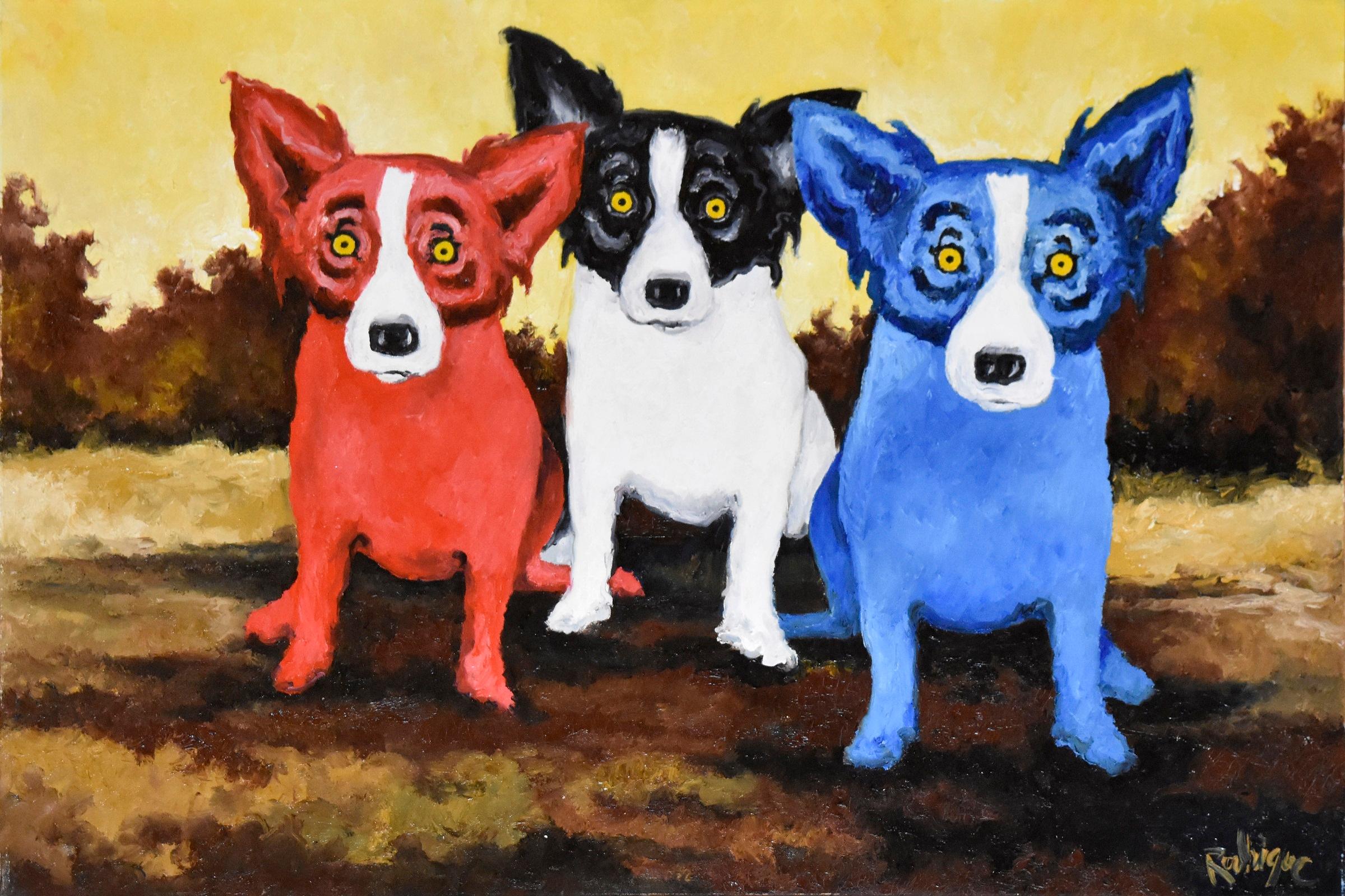 Original Split Personality Signed Oil on Canvas Blue Dog