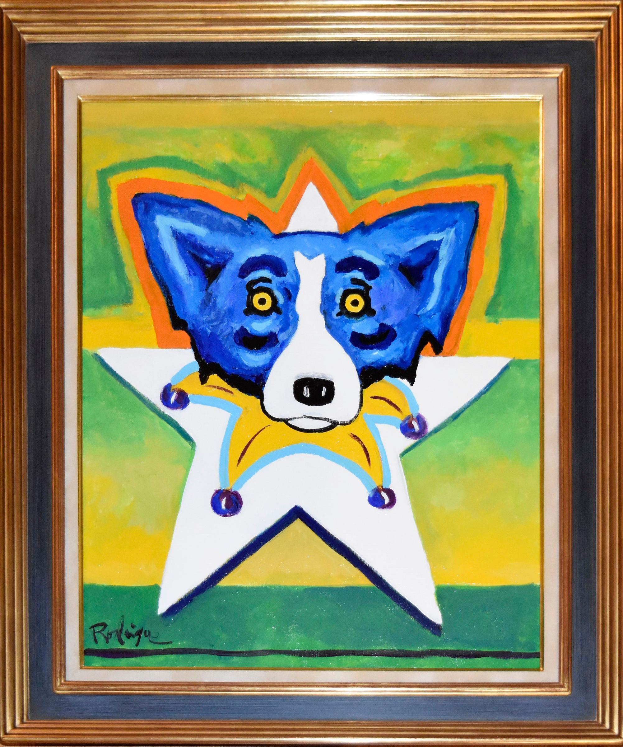George Rodrigue Animal Painting - Original - Star of Mardi Gras - Signed Acrylic on Canvas - Blue Dog