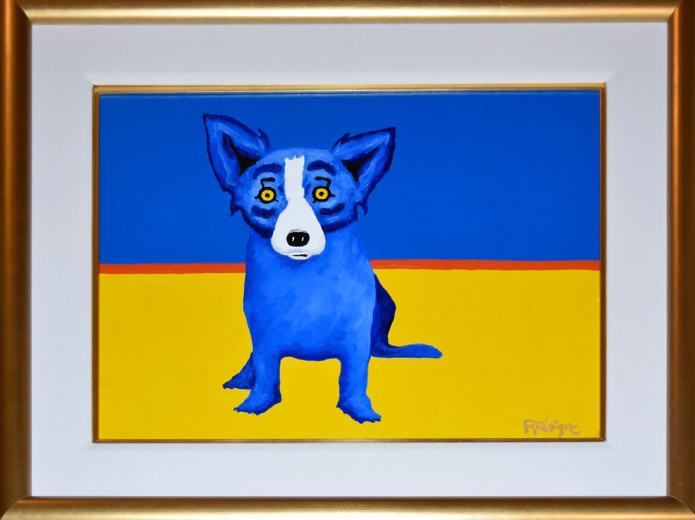 George Rodrigue Animal Painting - Original - There's a Fine Line Between Blue and Yellow - Signed Oil on Linen