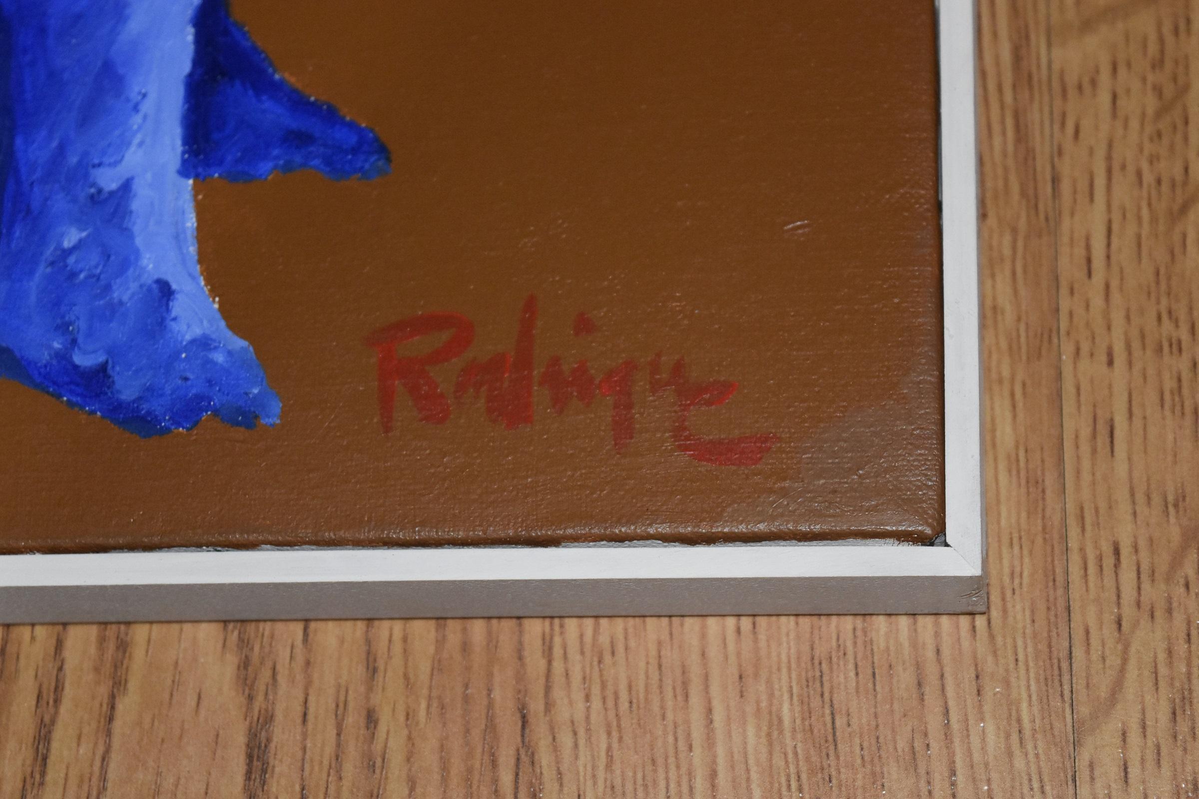 Questo lavoro Blue Dog è composto da uno sfondo verde e marrone.  Ci sono due cani: uno bianco e nero e uno blu.  Entrambi gli animali hanno occhi gialli e pieni di anima.  Questo olio su tela originale di animali pop art è firmato a mano