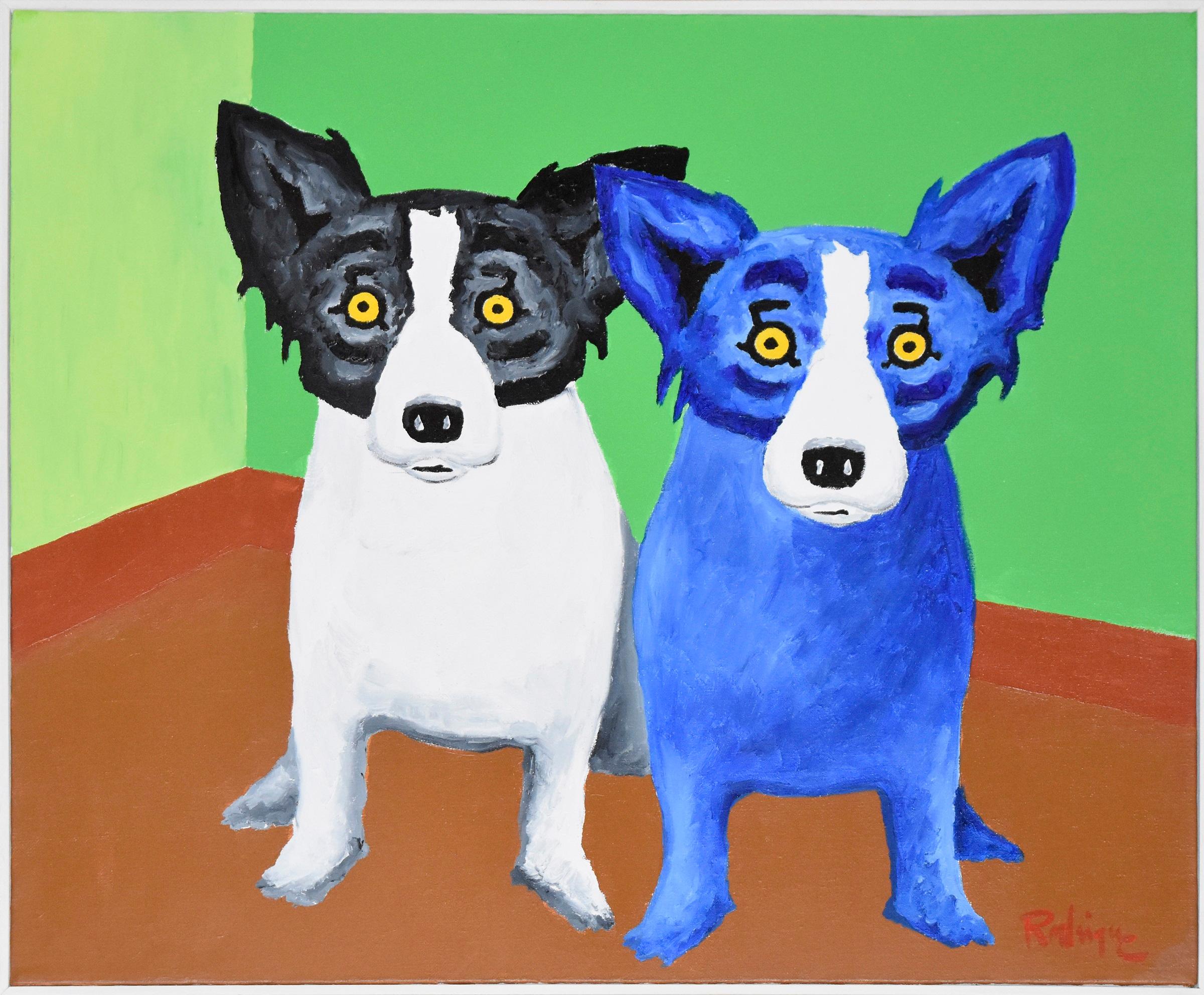 This Blue Dog work consists of a green and brown background  There are 2 dogs; 1 black and white and 1 blue.  Both animals have soulful yellow eyes.  This pop art animal original Oil on Canvas is hand signed by the artist.

Artist:  George