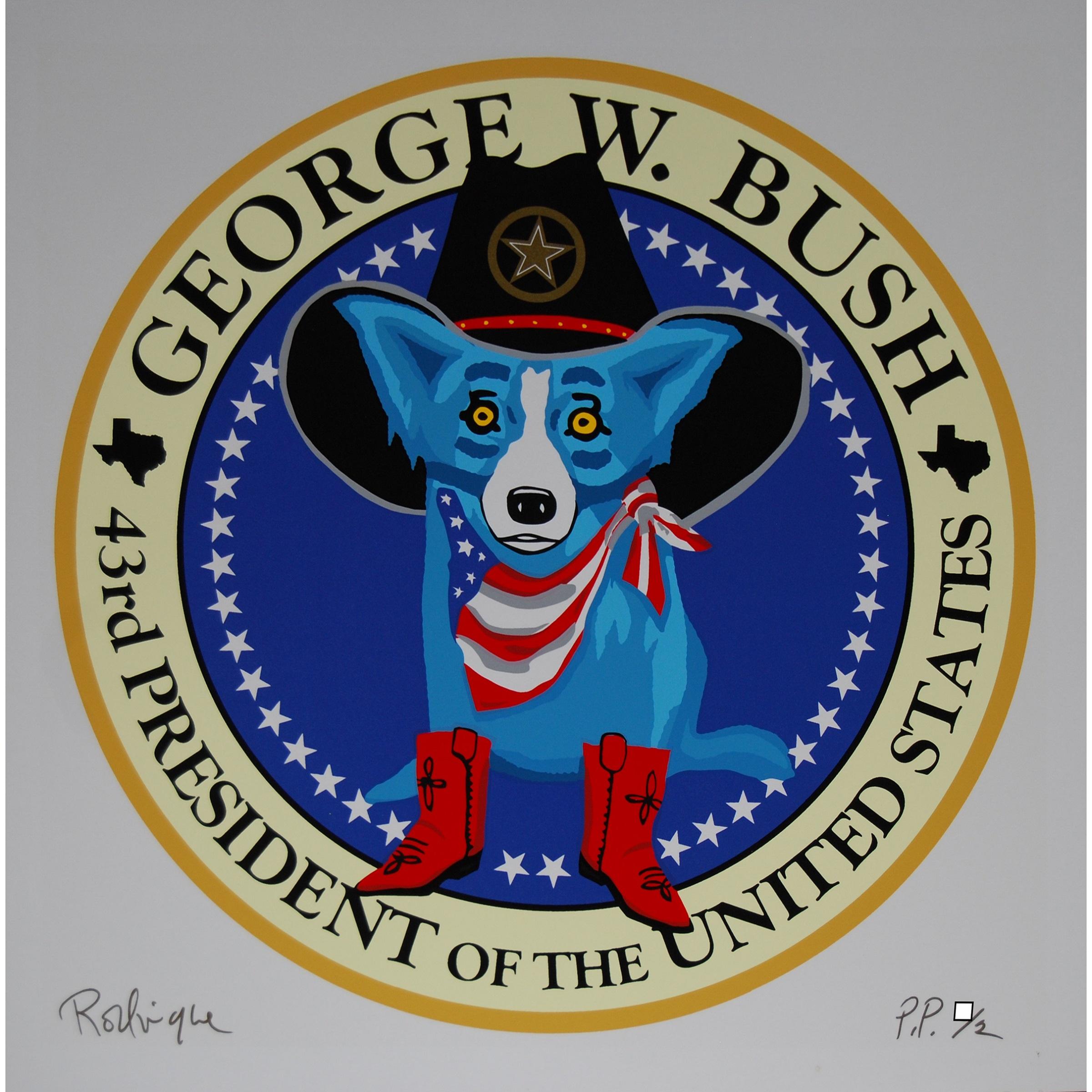George Rodrigue Animal Print - 43rd President of the USA George W Bush - White Signed Silkscreen Print Blue Dog