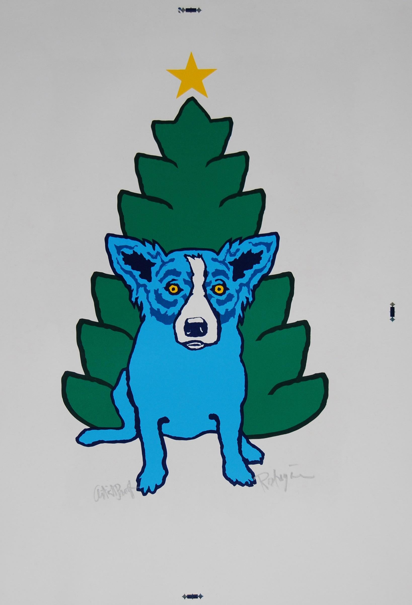 George Rodrigue Animal Print - A Blue Christmas Without You - Signed Silkscreen Print - Blue Dog