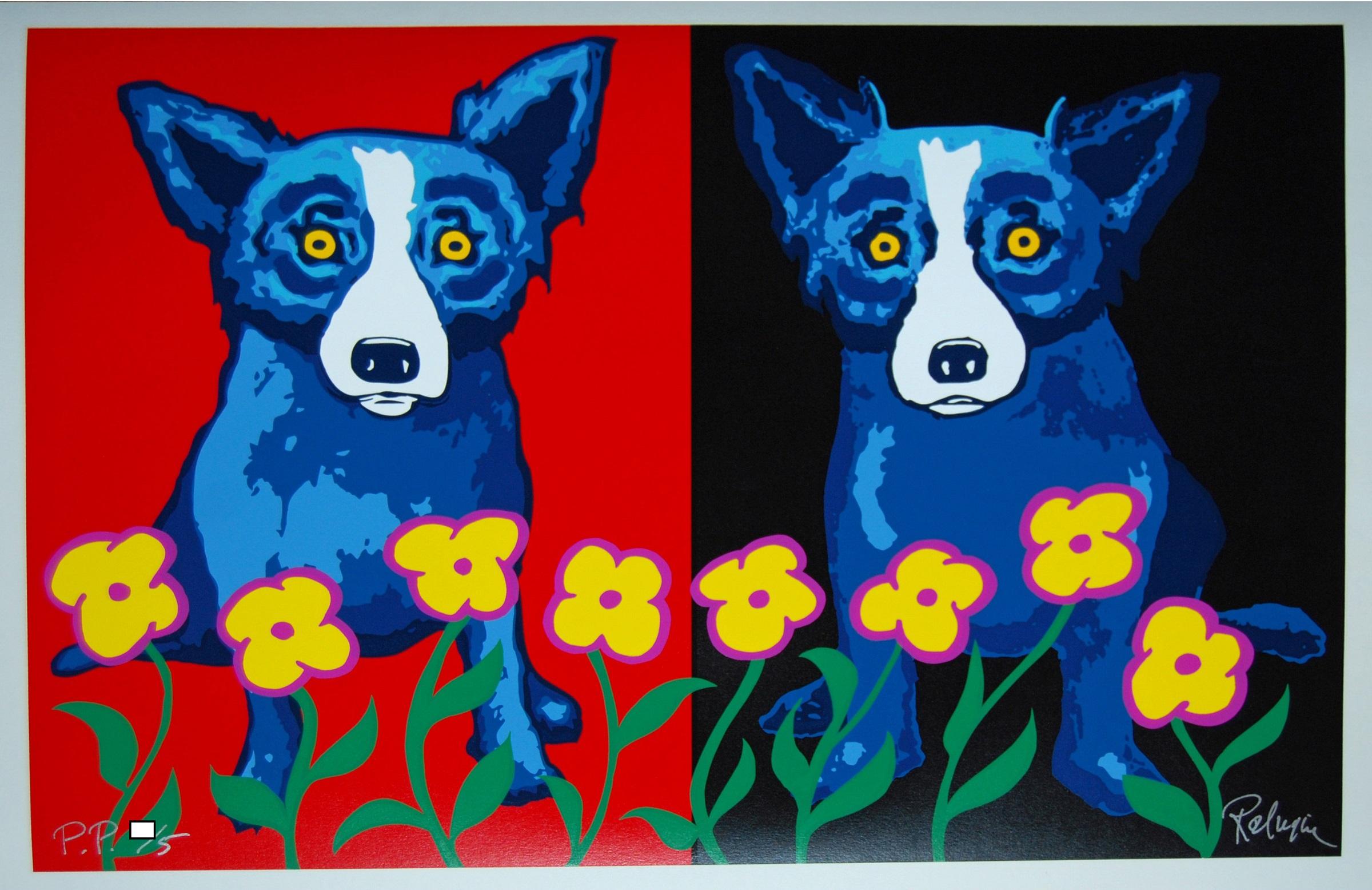 A Chorus Line of Flowers - Signed Silkscreen Print Blue Dog