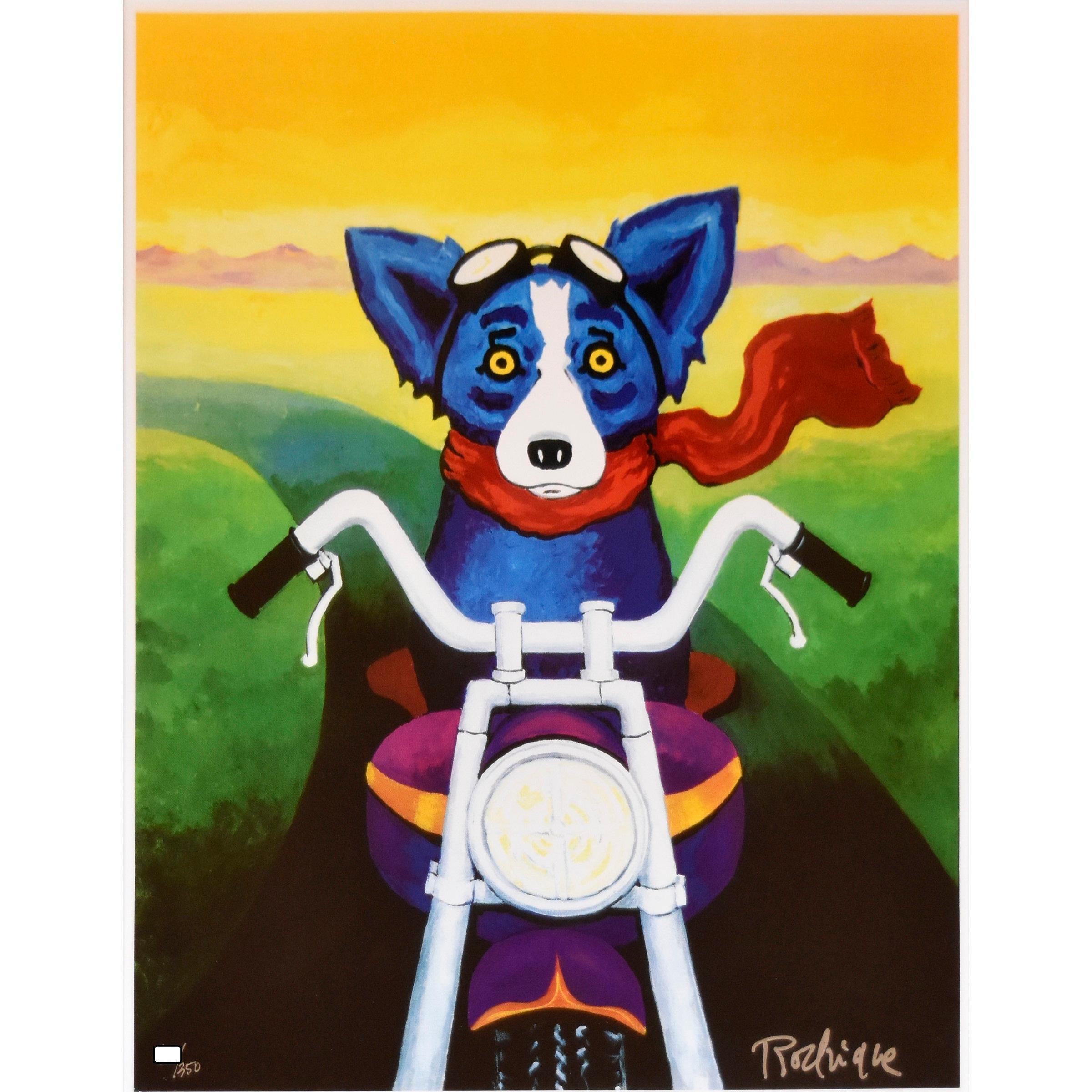 George Rodrigue Animal Print - A Faster Breed - Blue Dog Signed Silkscreen Print