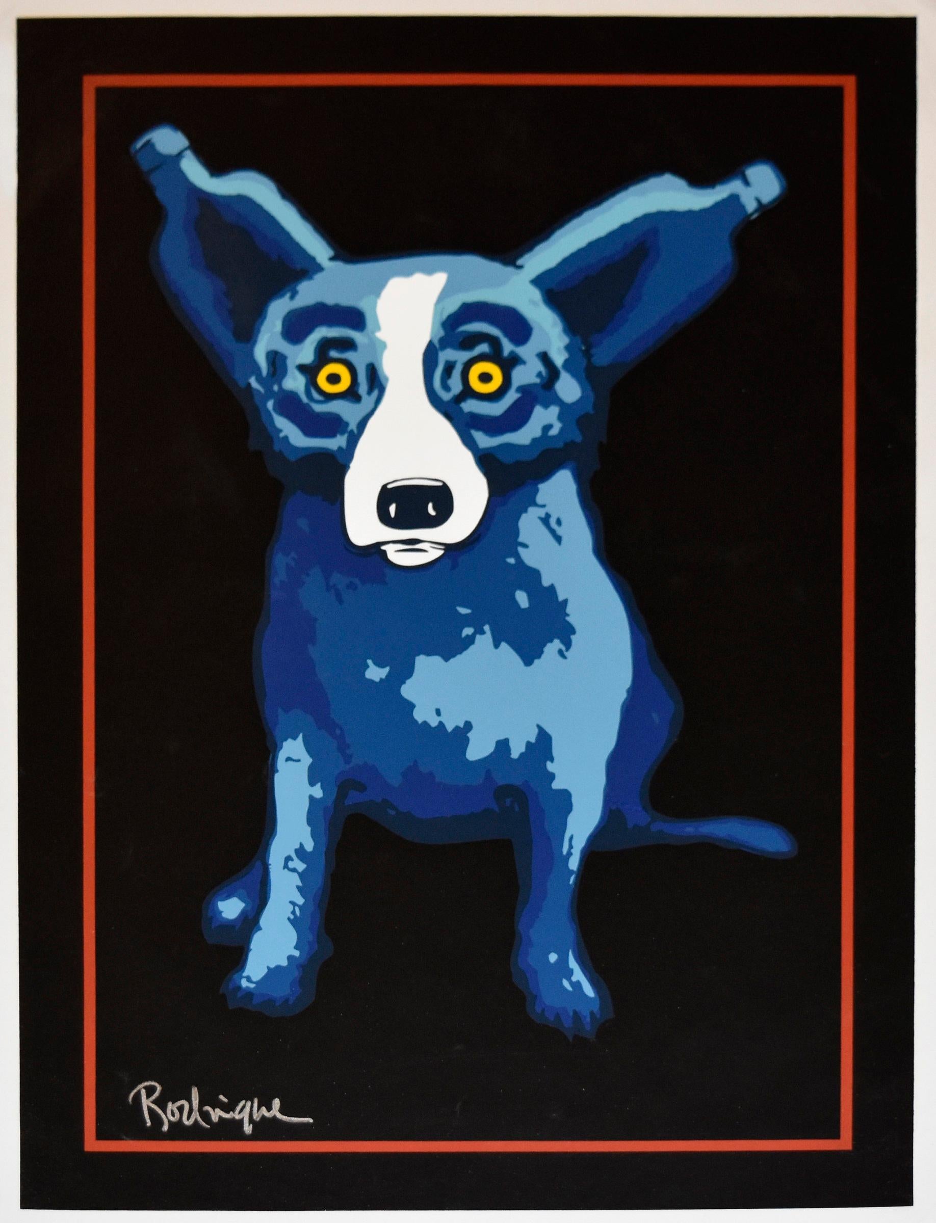 George Rodrigue Animal Print - A Midnight Drink on Canvas - Signed Silkscreen Print Blue Dog