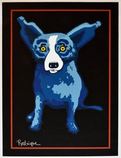 A Midnight Drink on Canvas - Signed Silkscreen Print Blue Dog