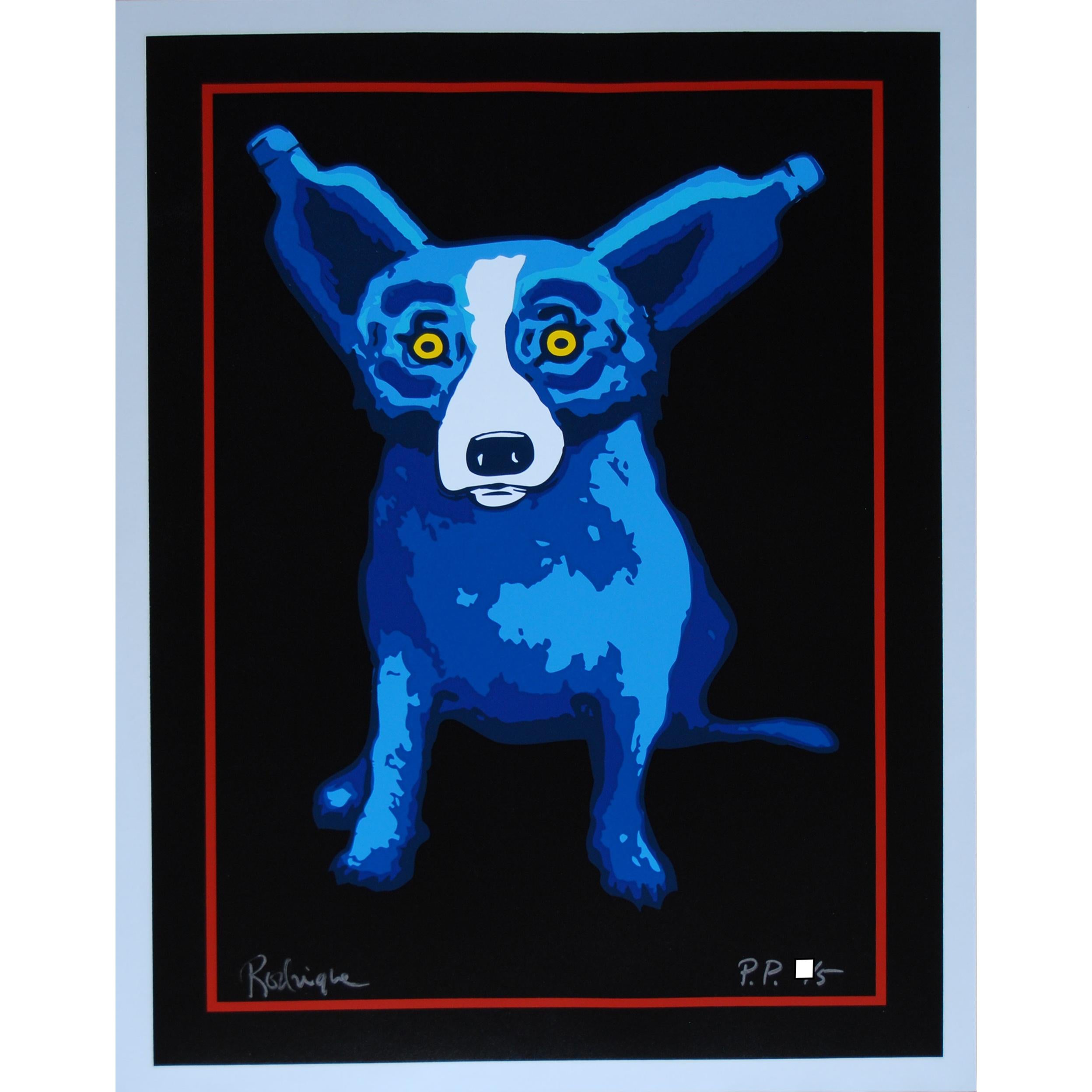 George Rodrigue Animal Print - A Midnight Drink - Signed Silkscreen Blue Dog Print