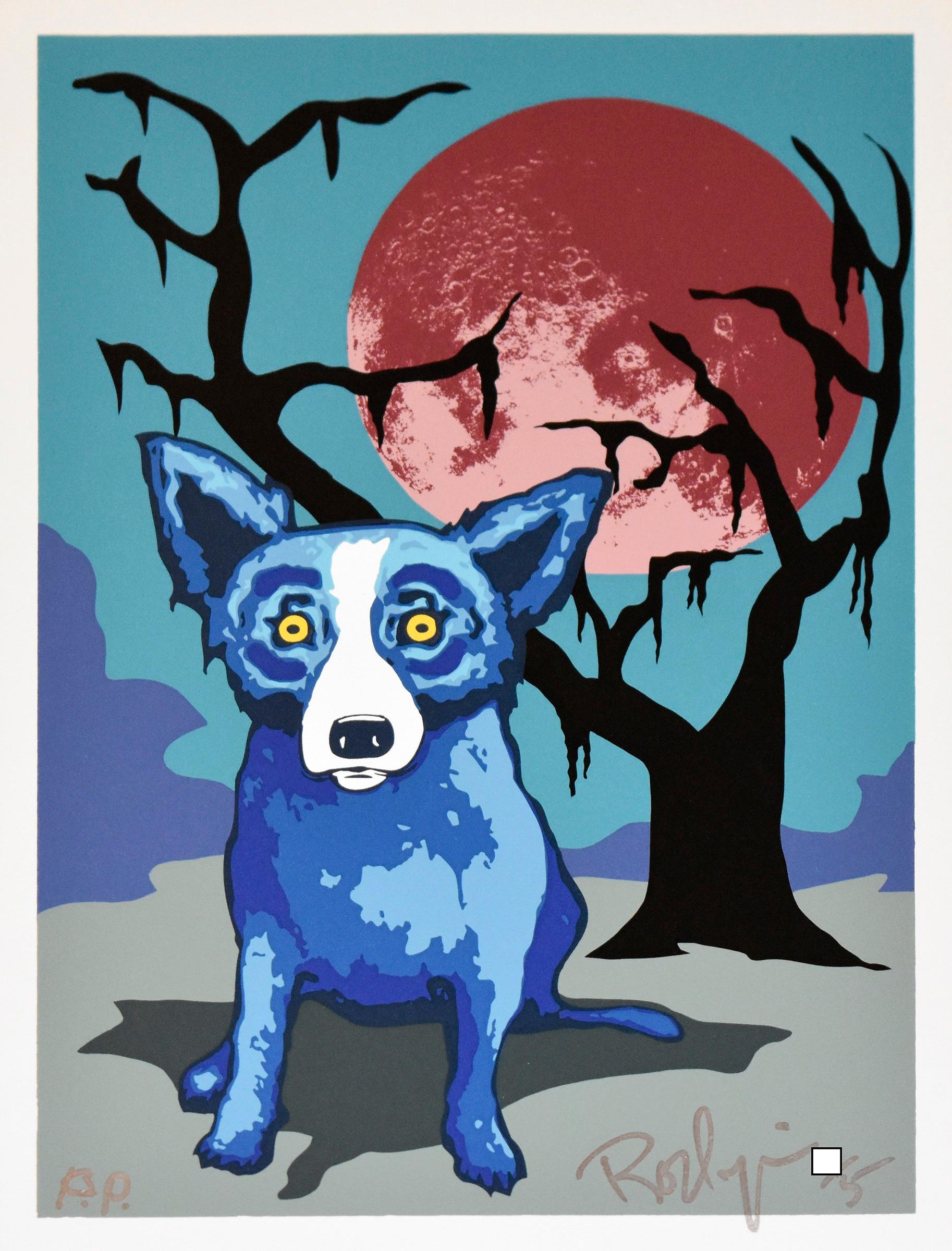 George Rodrigue Animal Print - A Night with My Best Friend - Signed Silkscreen Print - Blue Dog
