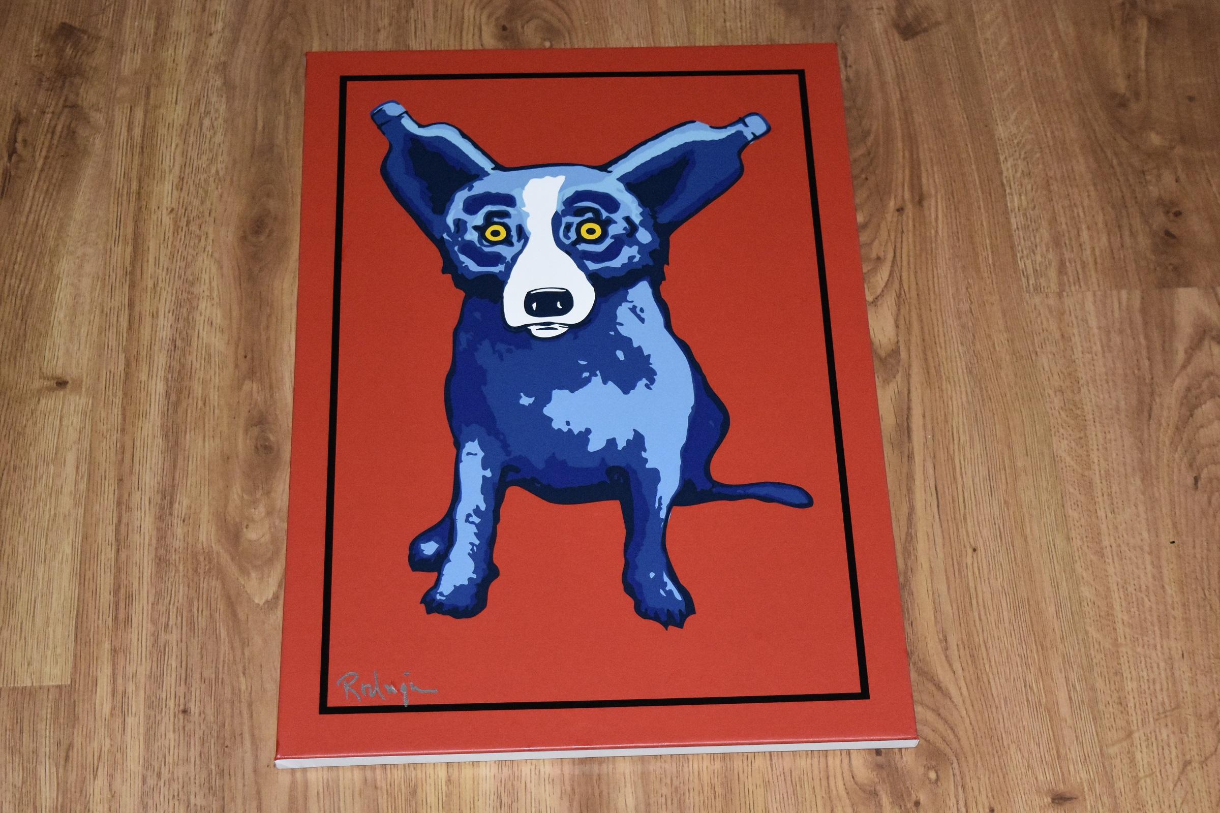 Absolut Dog on Canvas - Signed Silkscreen Blue Dog Print - Red Animal Print by George Rodrigue