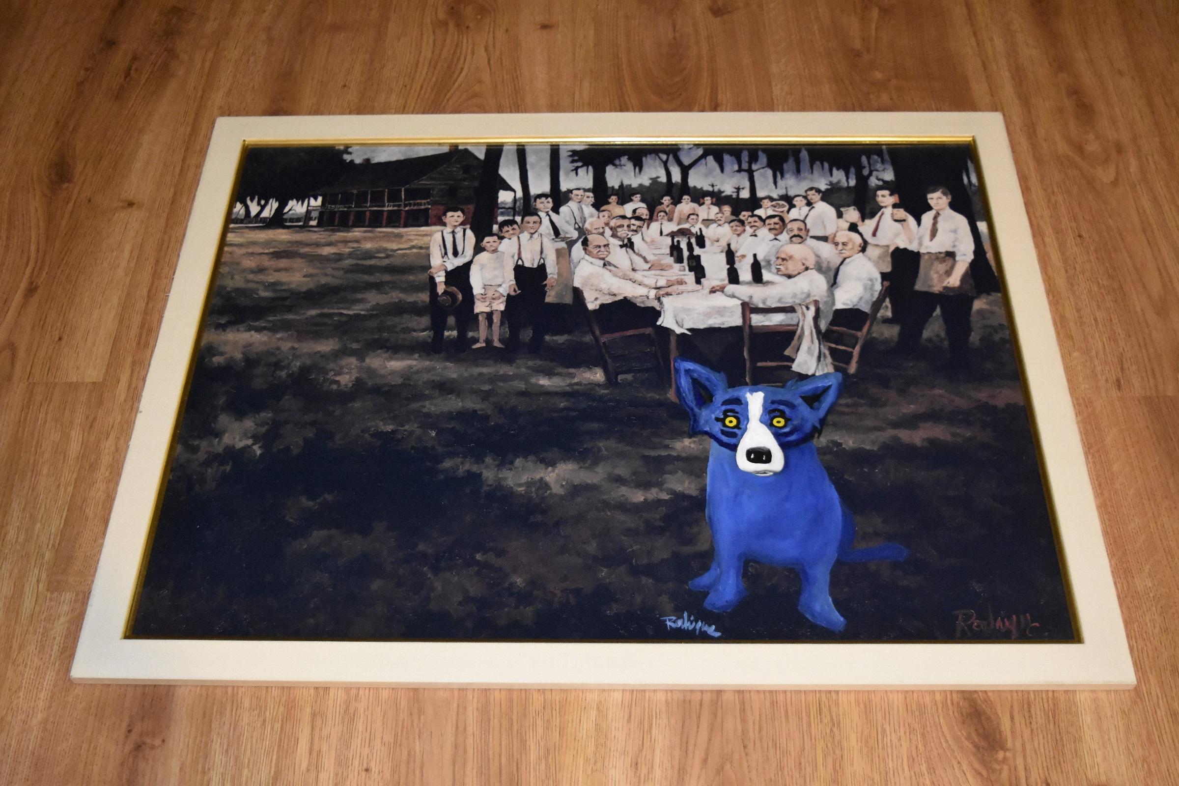 Aioli Dinner Dog - Signed MM Canvas Board/Giclee Print with Painted Blue Dog - Painting by George Rodrigue