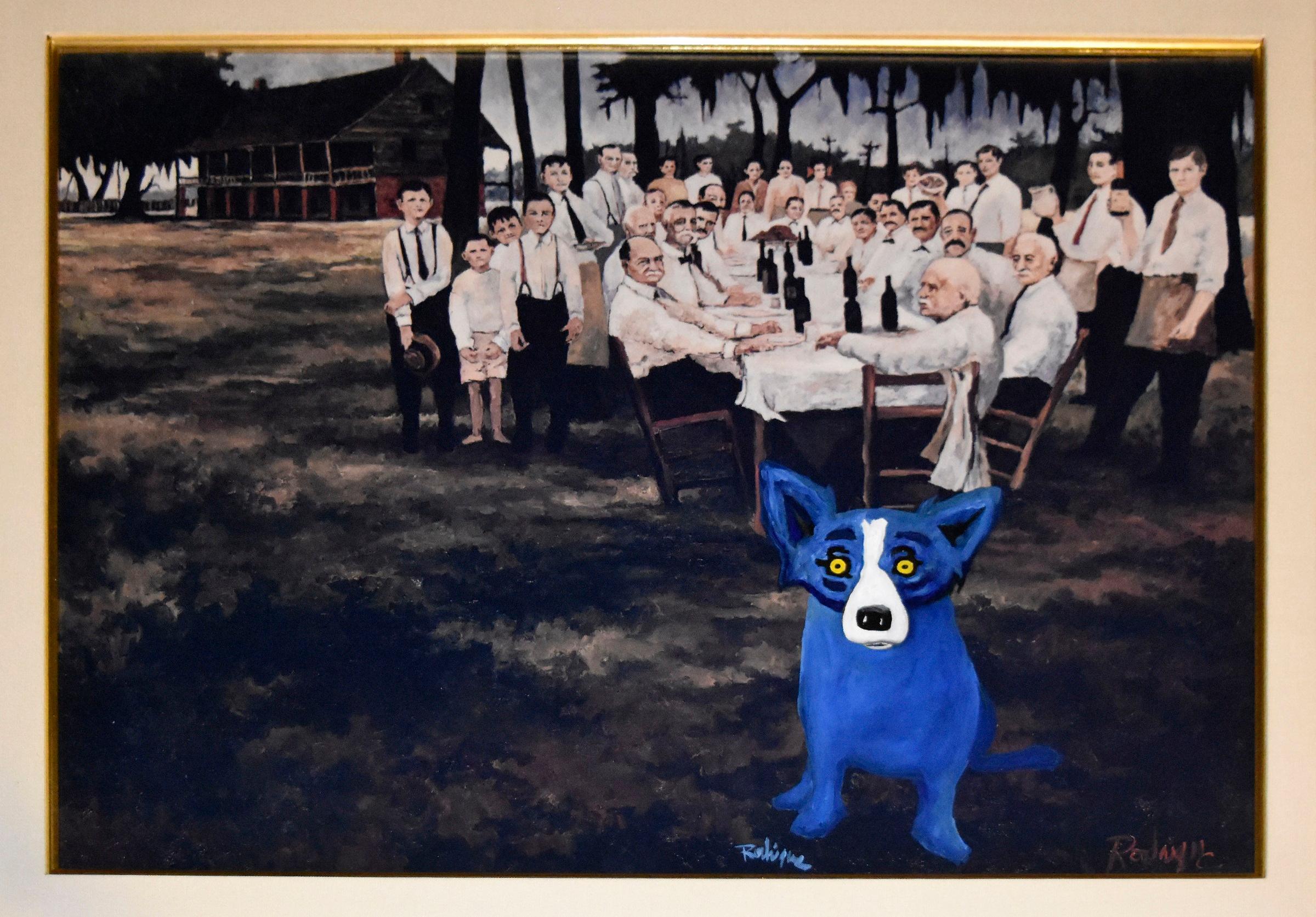 George Rodrigue Animal Painting - Aioli Dinner Dog - Signed MM Canvas Board/Giclee Print with Painted Blue Dog