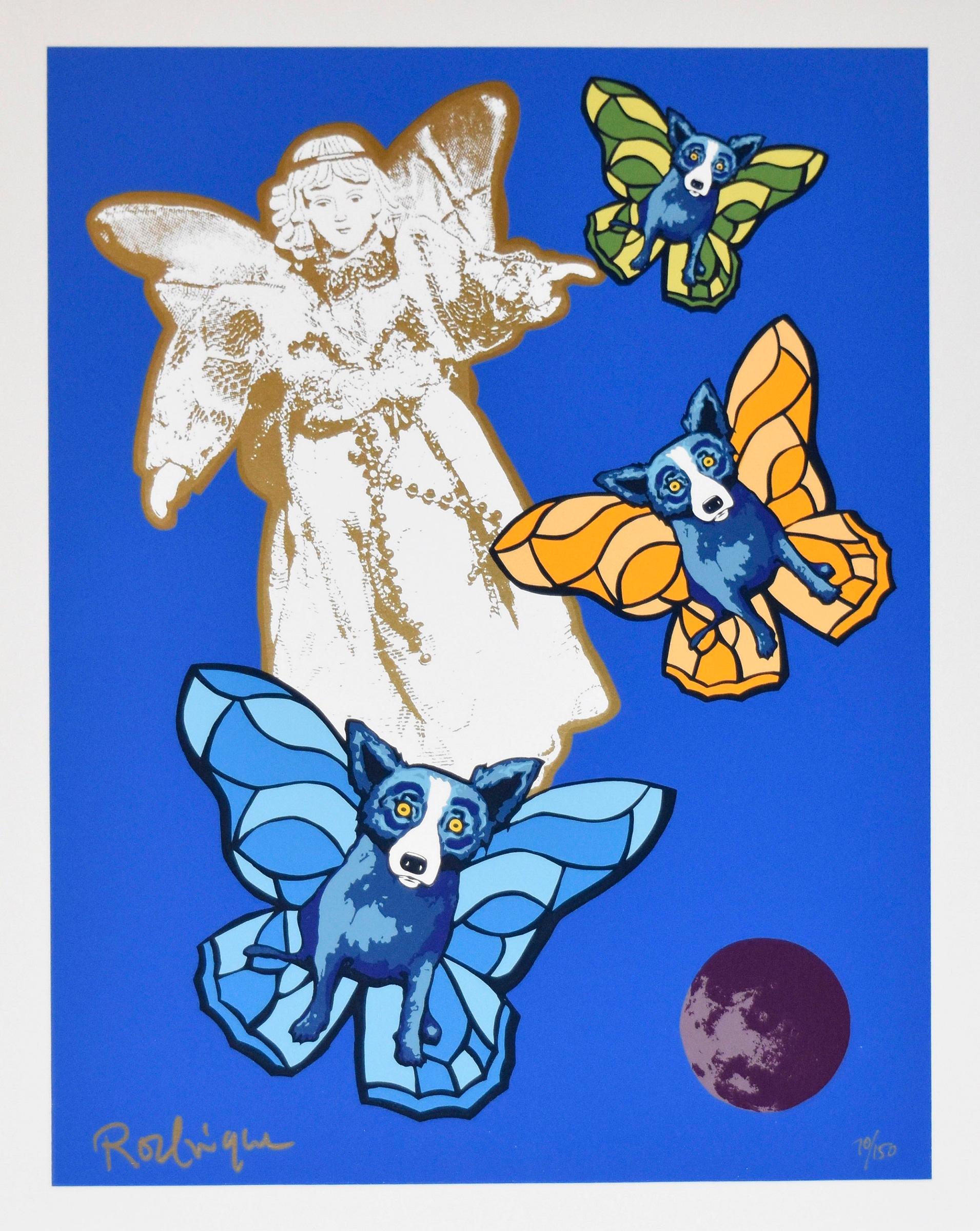 George Rodrigue Animal Print - Angel Baby - Signed Silkscreen Print Blue Dog Holiday Print Sale