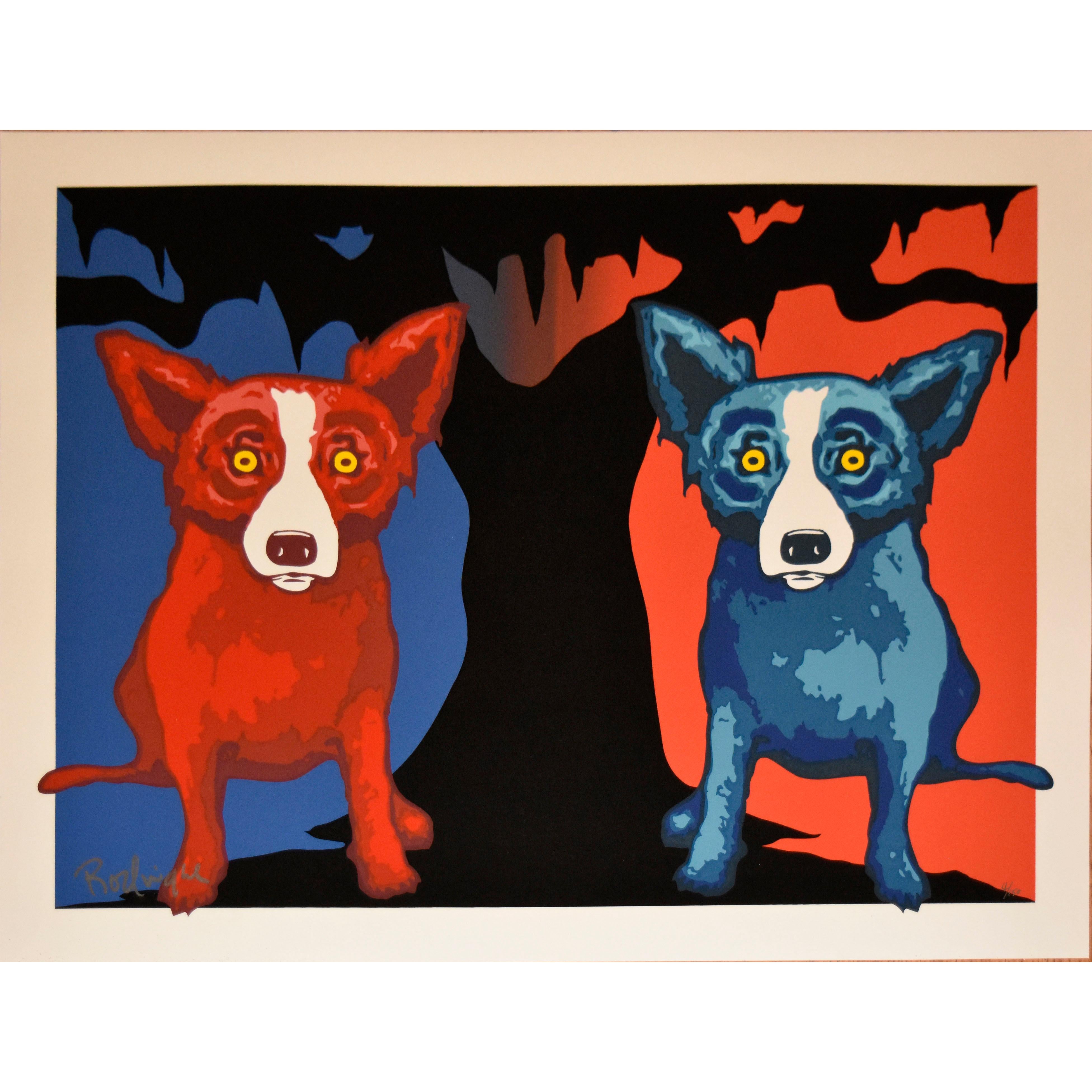 George Rodrigue Animal Print - Be My Valentine - Signed Silkscreen Print Blue Dog