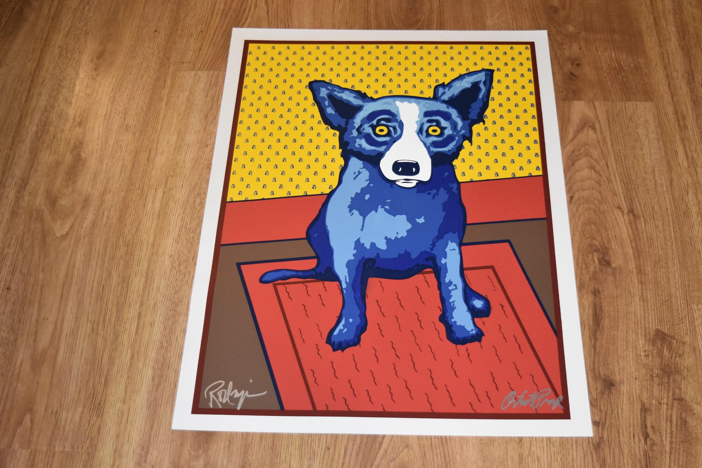 Bear Walls - Signed Silkscreen Print - Blue Dog - Orange Animal Print by George Rodrigue