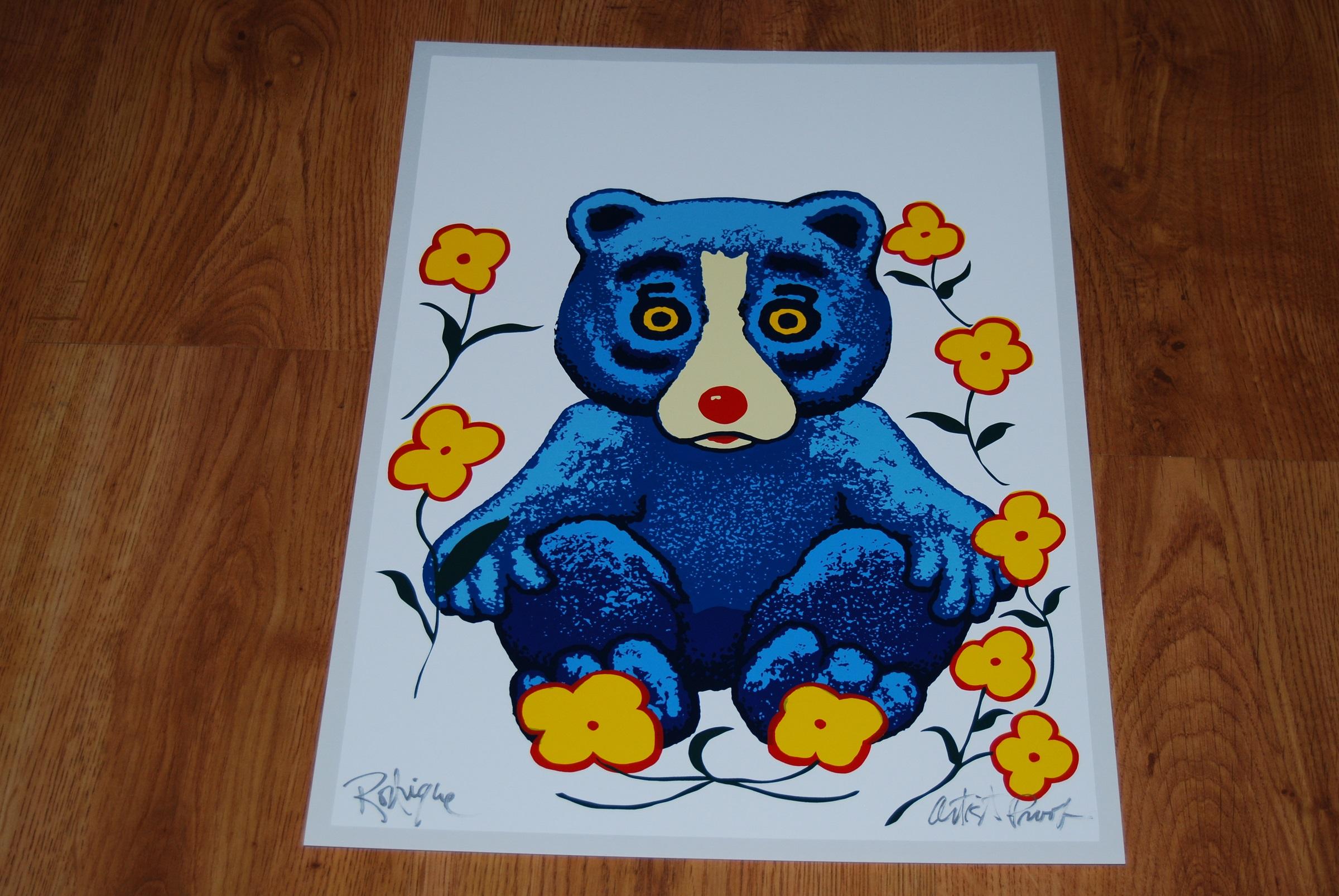 Bearly Spring White - Stampa serigrafica firmata del cane blu - Print di George Rodrigue