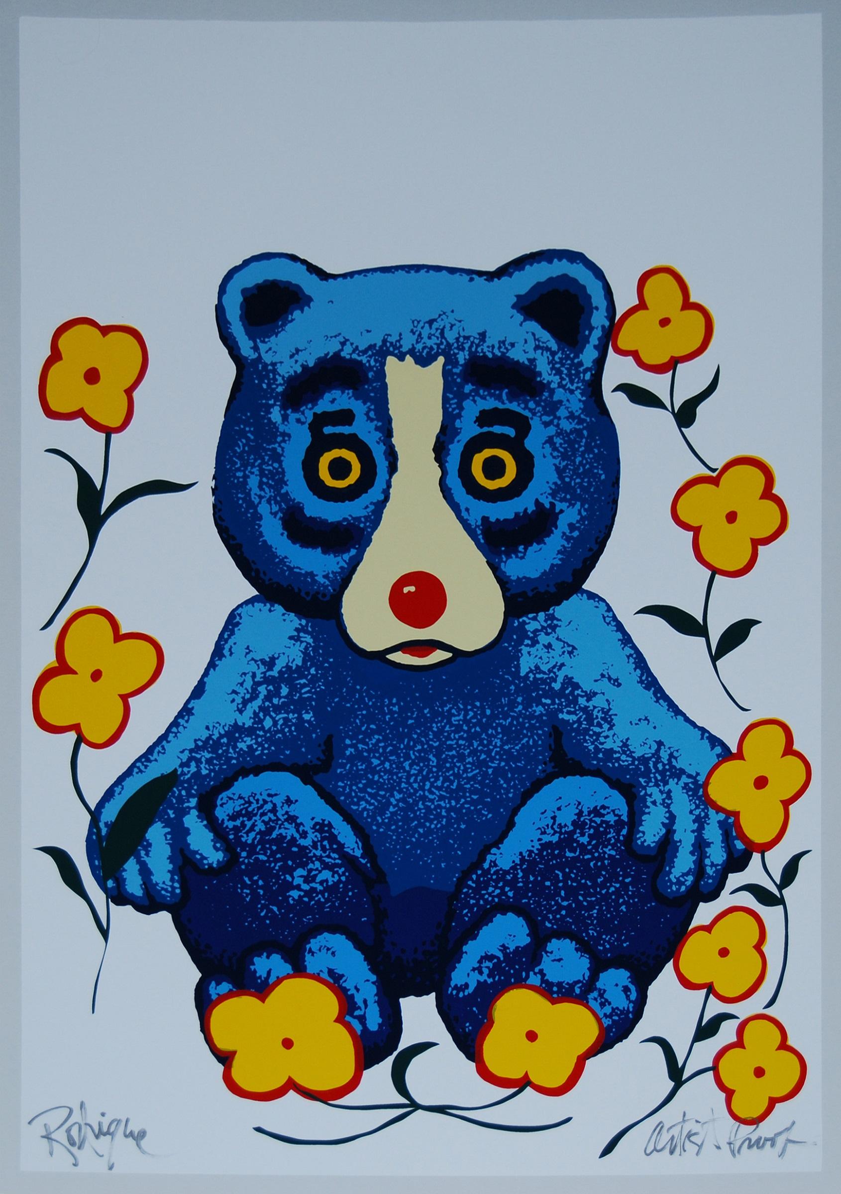 George Rodrigue Animal Print - Bearly Spring White - Signed Silkscreen Blue Dog Print