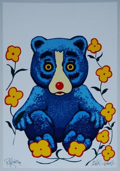 Bearly Spring White - Signed Silkscreen Blue Dog Print