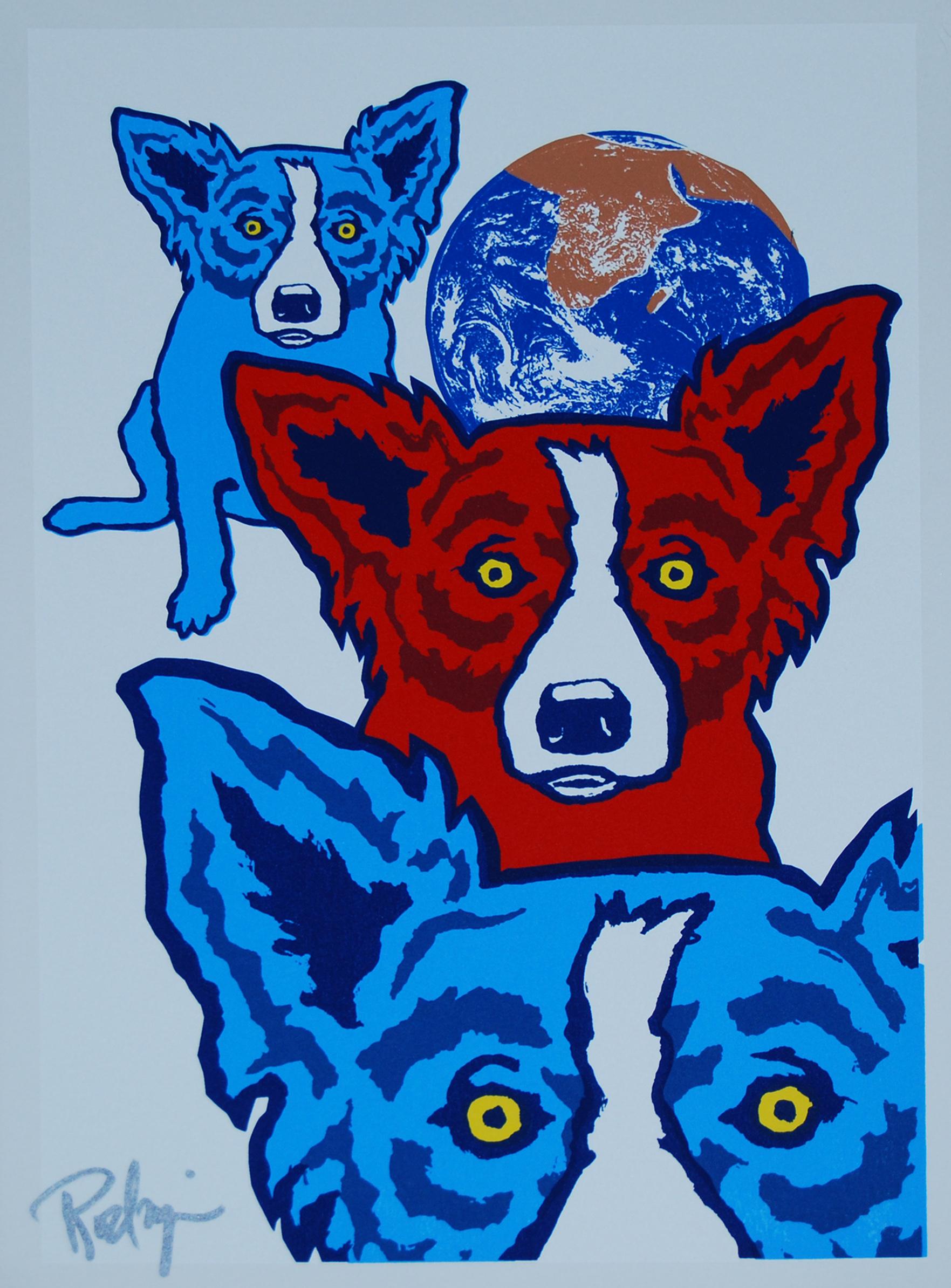 George Rodrigue Animal Print - Between My Good Brothers White - Signed Silkscreen Blue Dog Print