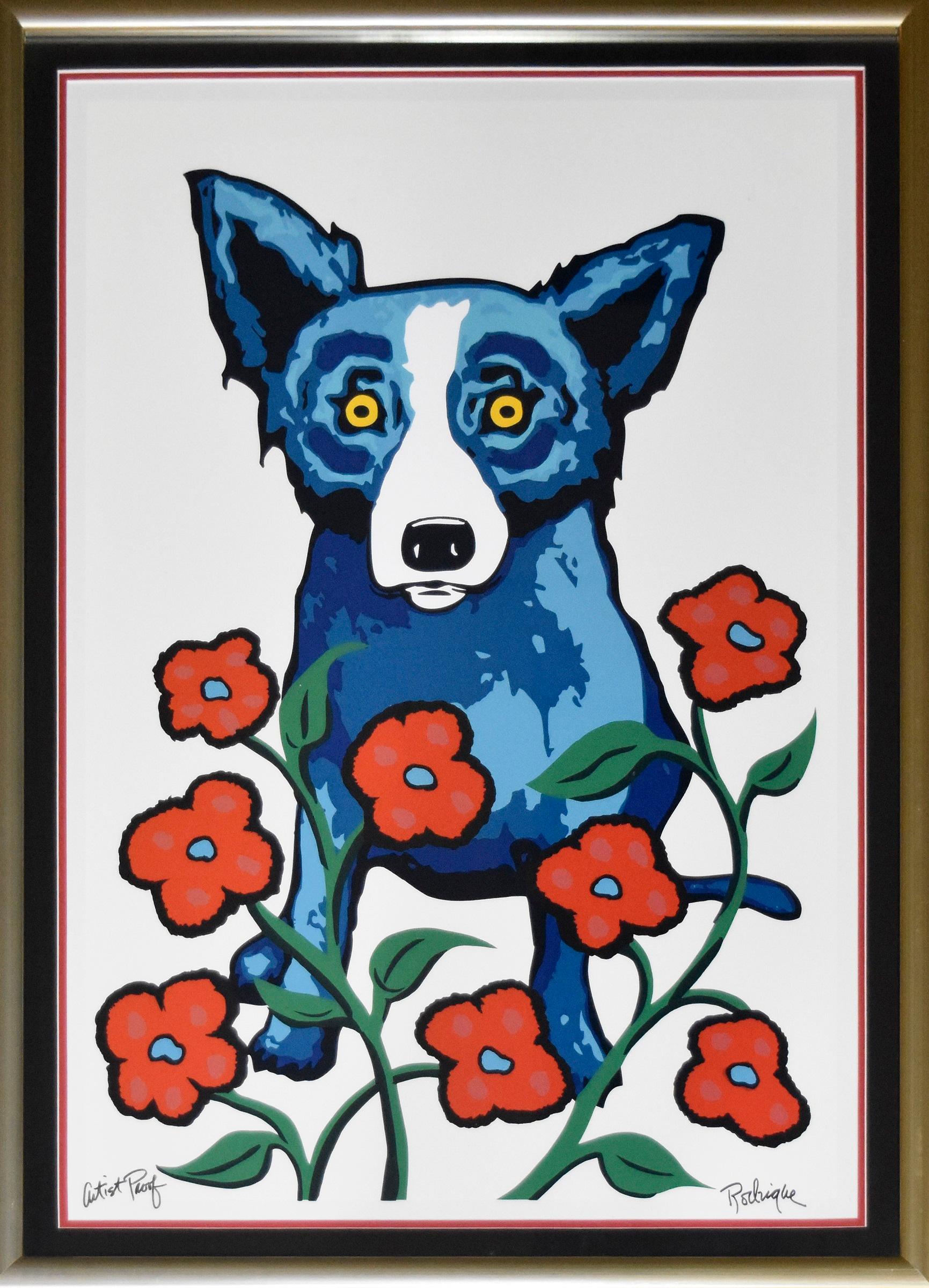 This Blue Dog work consists of a white background with 8 red flowers in the lower half of the background surrounding a single blue dog.  The dog has soulful yellow eyes.  This pop art animal original silkscreen print on paper is guaranteed authentic