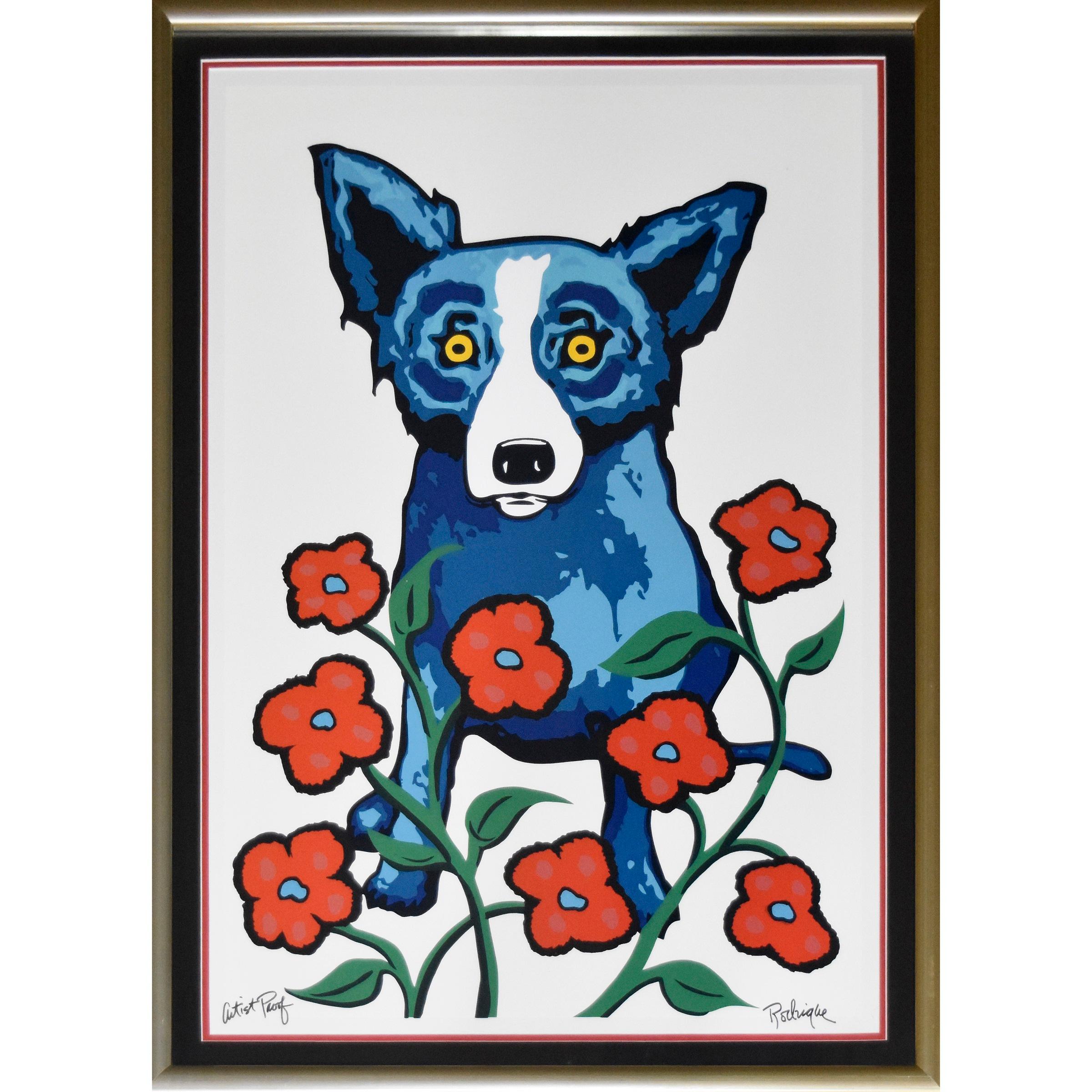 George Rodrigue Animal Print - Blue Dog "A Garden Party - White" - Signed Numbered Print