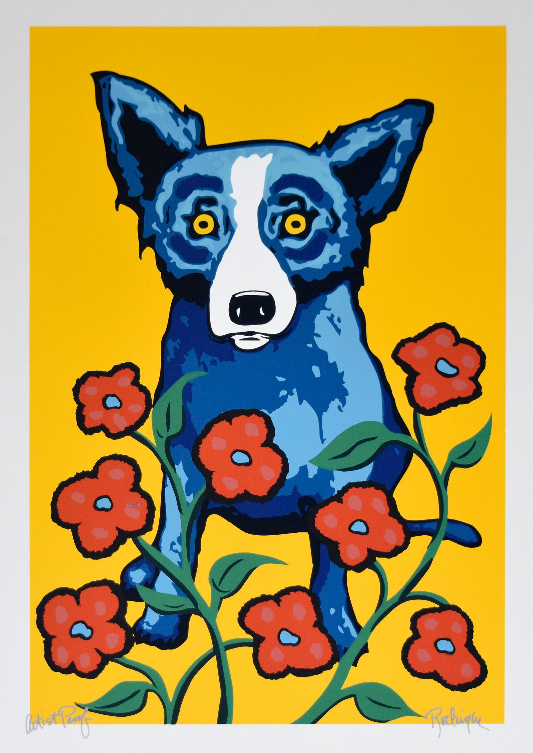 George Rodrigue Animal Print - Blue Dog "A Garden Party - Yellow"