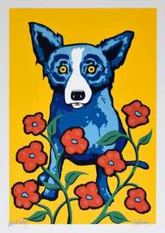 Vintage Blue Dog "A Garden Party - Yellow"