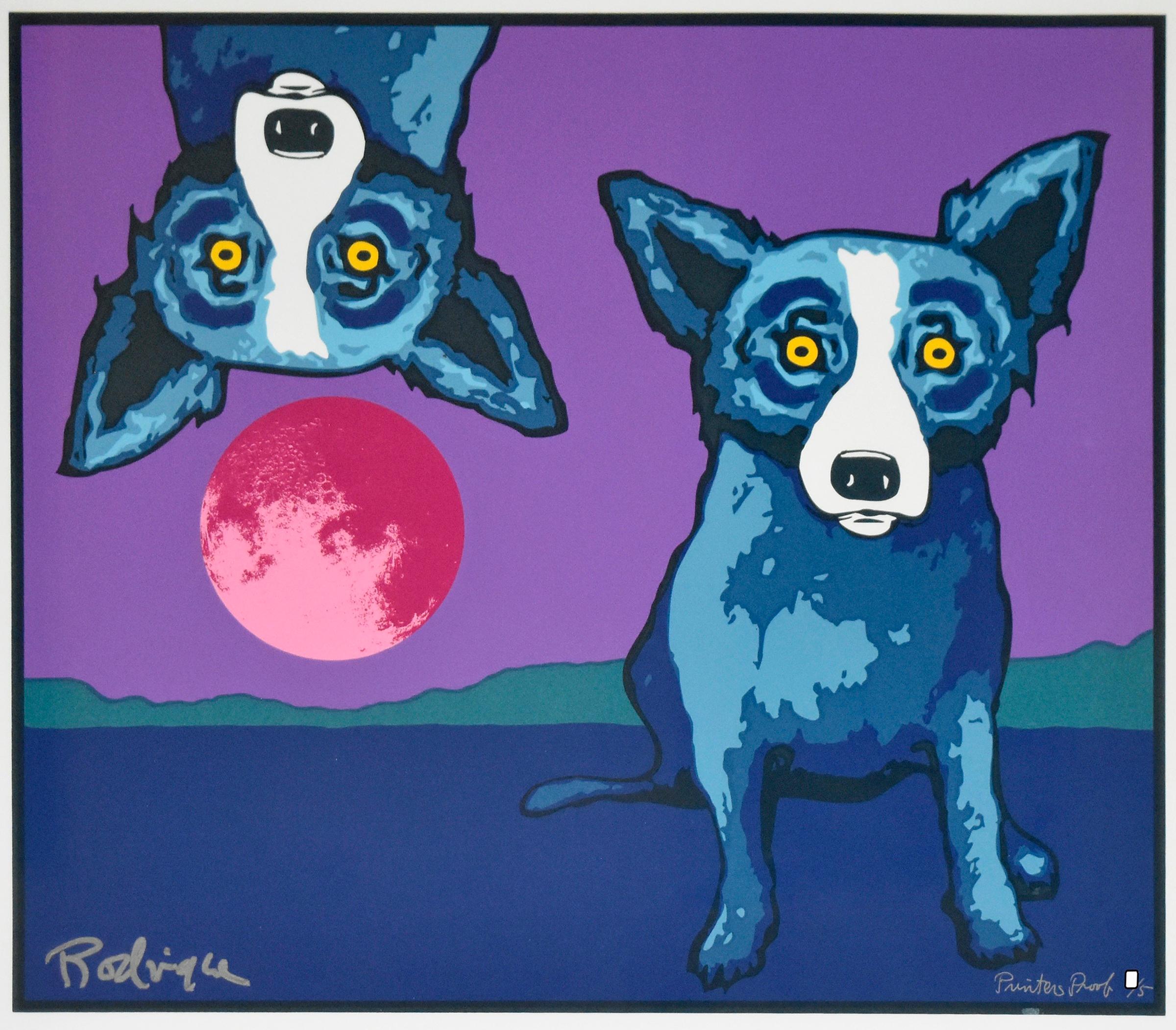 George Rodrigue Animal Print - Blue Dog "And the Dog Jumped Over the Moon"