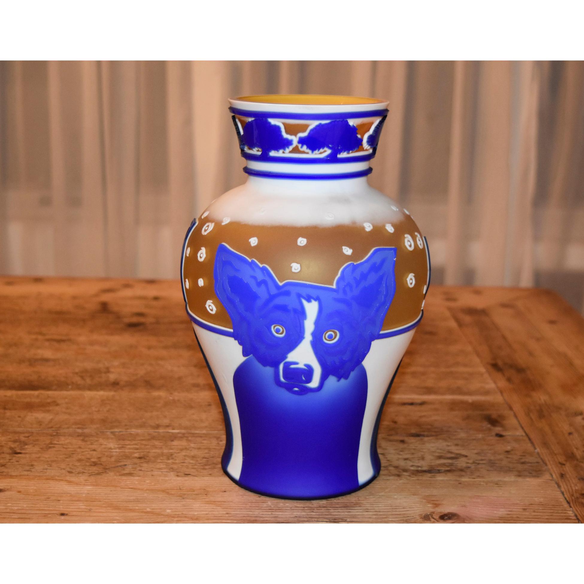 Vase décoratif en verre Camée chien bleu 1