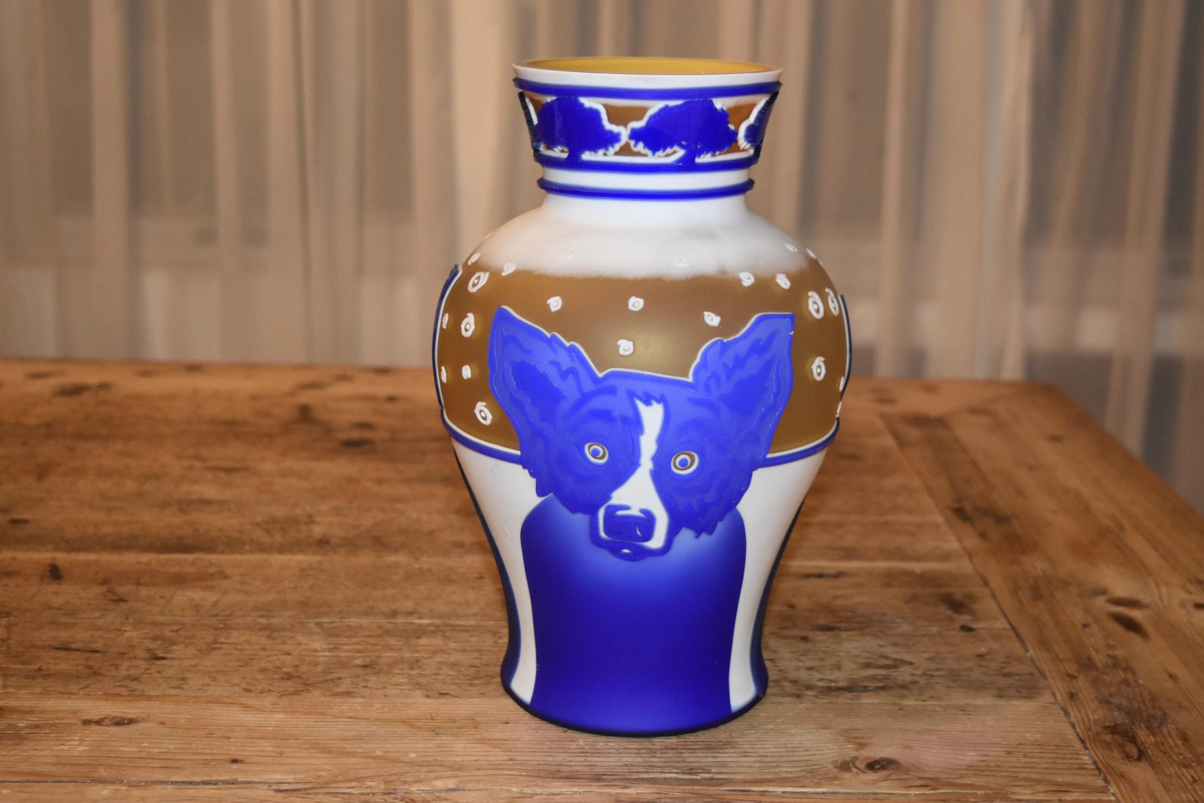 George Rodrigue Animal Print - Blue Dog Cameo Glass Decorative Vase