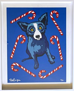 Perro azul (Estampa de Navidad) serigrafía en color, firmada/en marco de museo de tinta plateada
