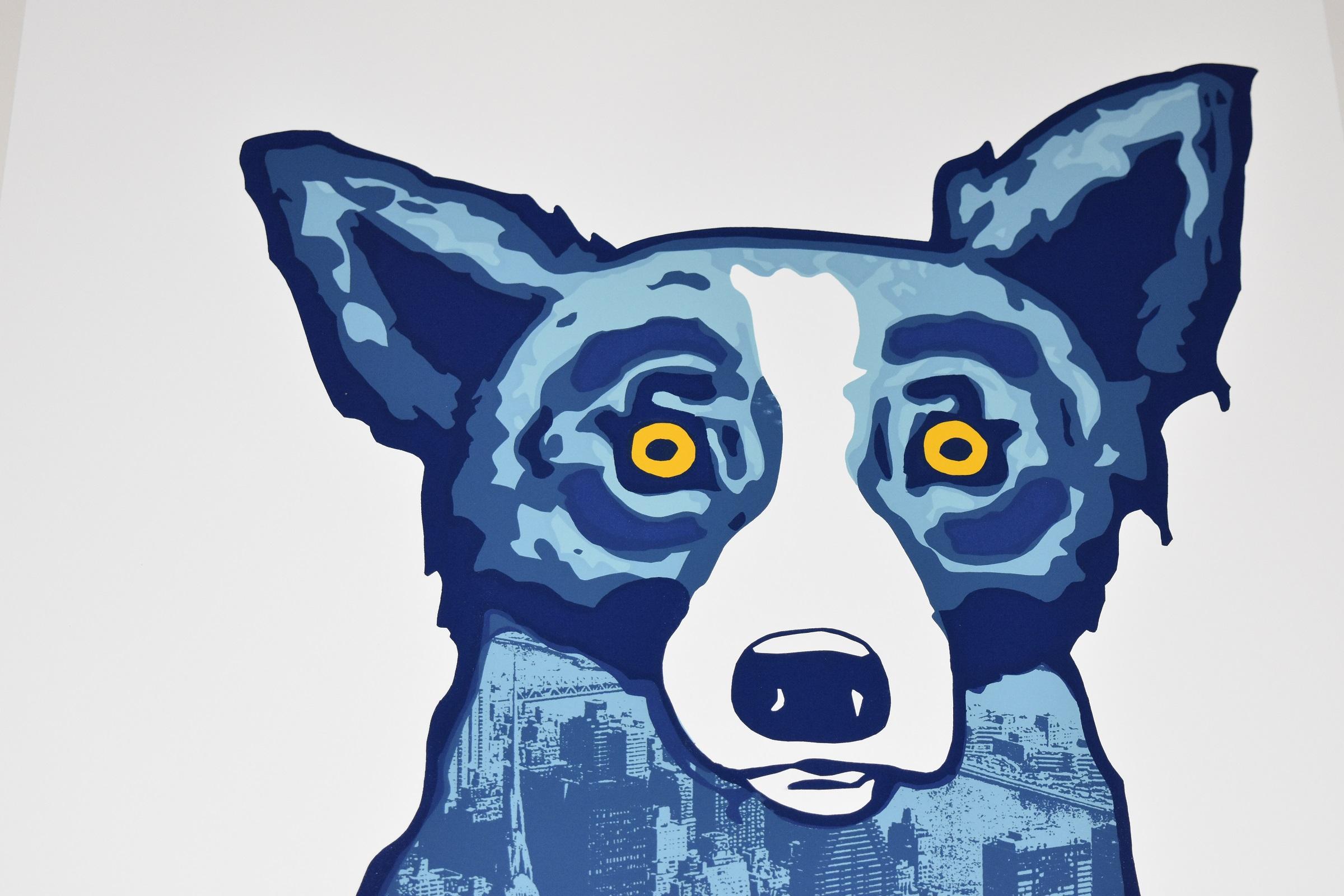 Questa opera Blue Dog è composta da 1 cane con sfondo bianco.  Da vicino puoi vedere una grande città visualizzata nel corpo del cane. Il cane ha degli occhi gialli e vivaci. Questa serigrafia originale pop art su carta è garantita come autentica e