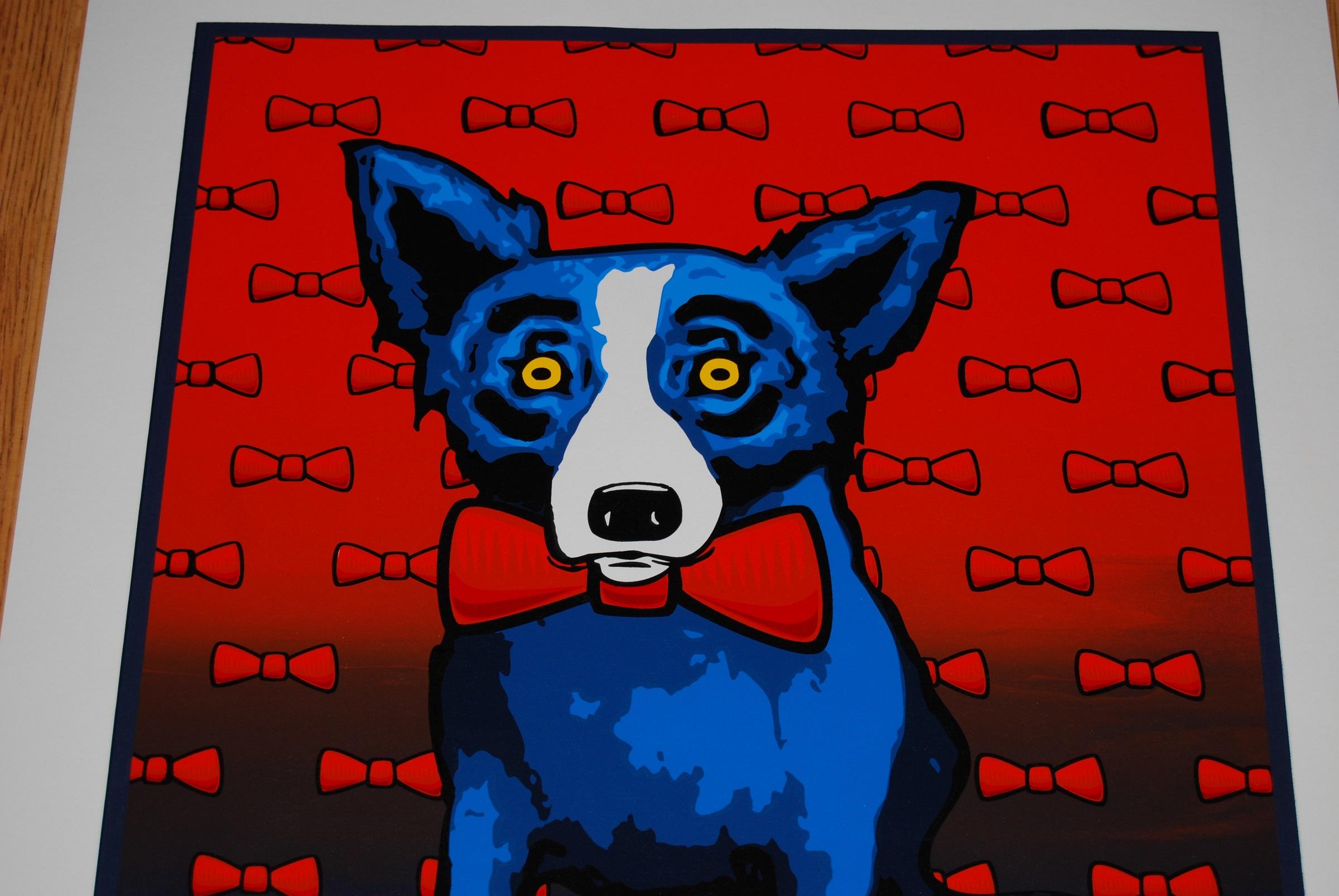 Cravate bleue « Does The Red Tie » avec sérigraphie en soie signée représentant un chien bleu - Pop Art Print par George Rodrigue