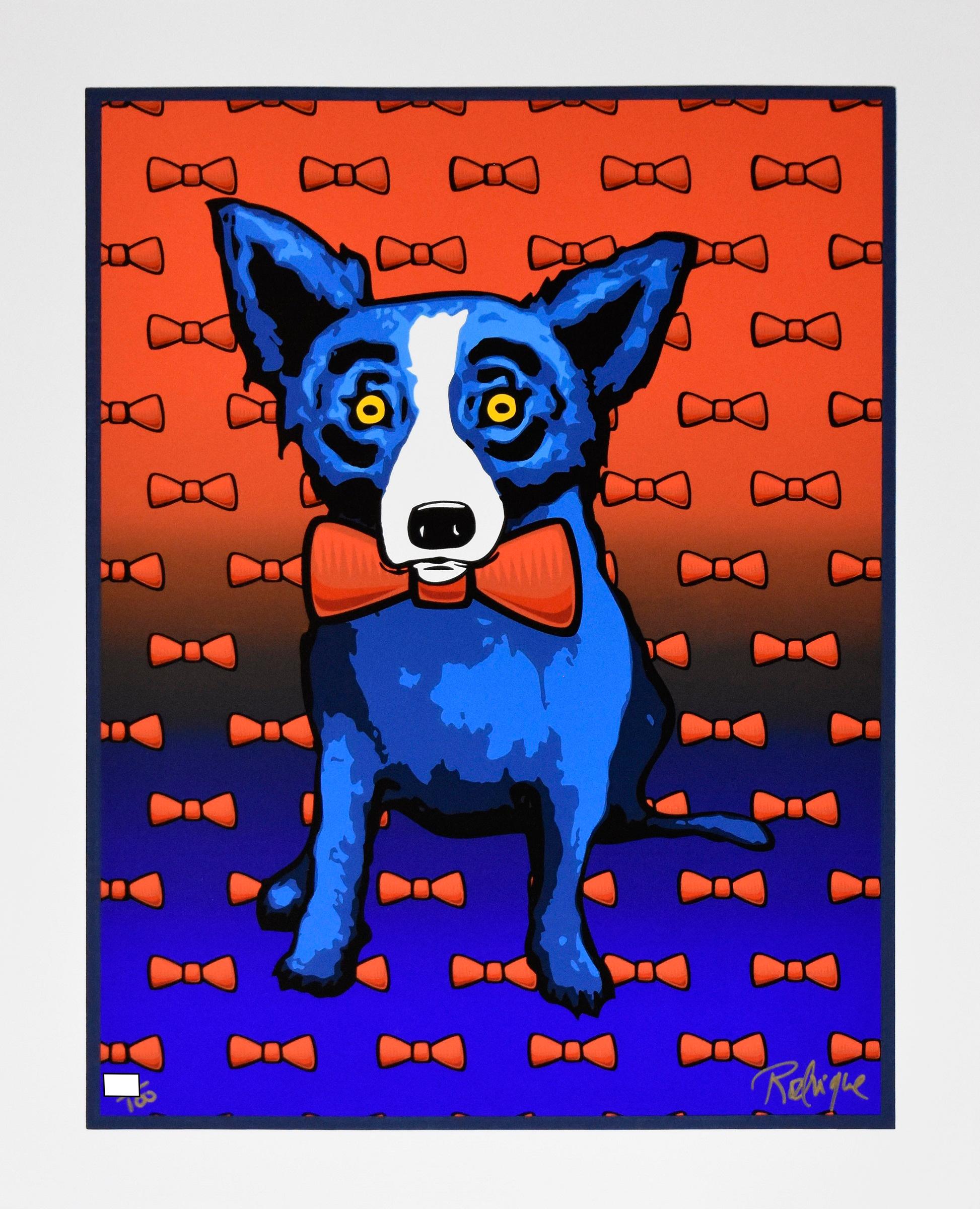 Ce travail sur le chien bleu consiste en un fond rouge en haut et bleu en bas avec des cravates rouges éparpillées entourant un seul chien bleu portant une cravate rouge.  Le chien a des yeux jaunes pleins d'âme.  Cette sérigraphie originale pop art